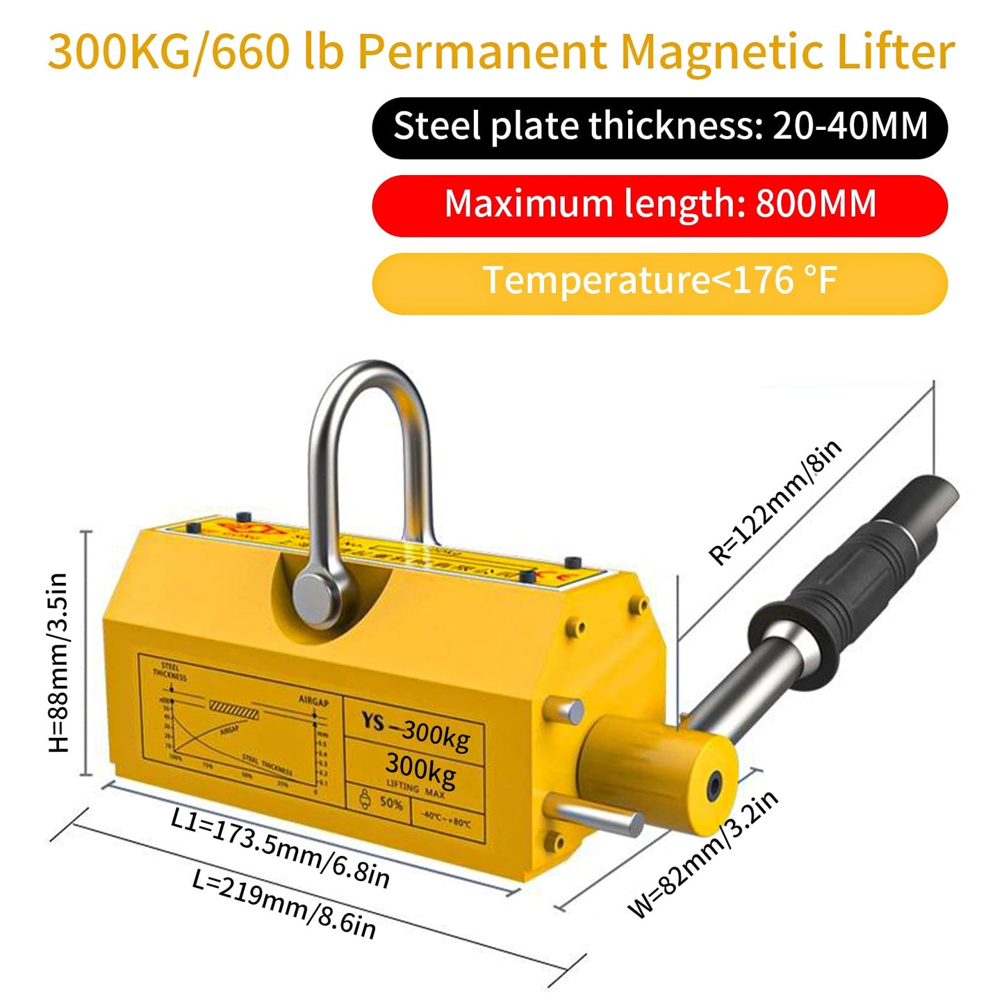 660 lb/300kg Magnetic Lifter, Permanent Magnetic Lifter with Release, for Lifting Plate Steel, Board, Used in Shop Crane, Hoist, Board