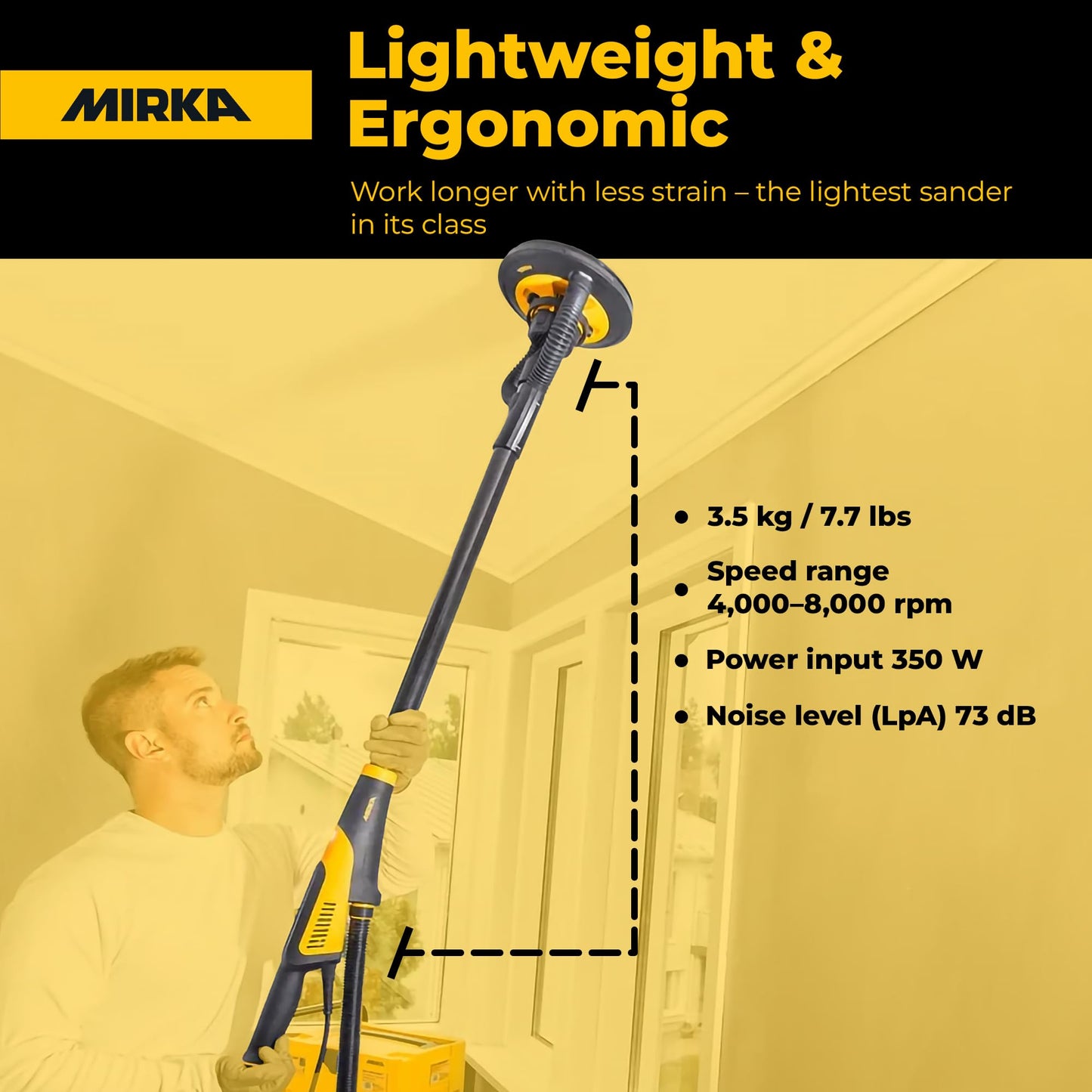 Mirka LEROS Electric Vacuum Drywall Sander Pole – Ergonomic Lightweight 7.1 lb Tool with 9″ Orbital Head, 180° Flexible Design, Dual Suction for Dustless Walls Ceilings Painting Prep