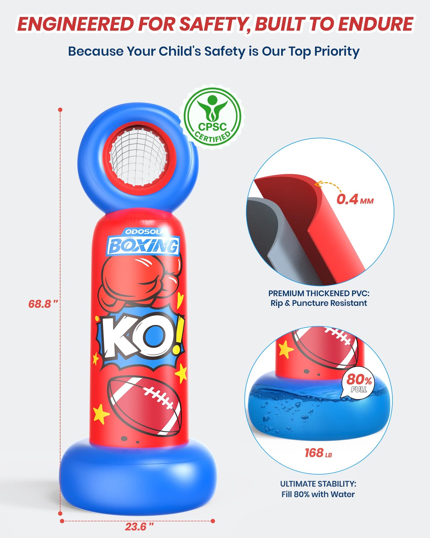 ODOSOLA Inflatable Punching Bag for Kids, 2-in-1 Freestanding Boxing Bag with Football Toss Game, 68.8'' Heavy Duty Karate Taekwondo Toy for Boys Girls Ages 3-12, Birthday Xmas Gift Ideas