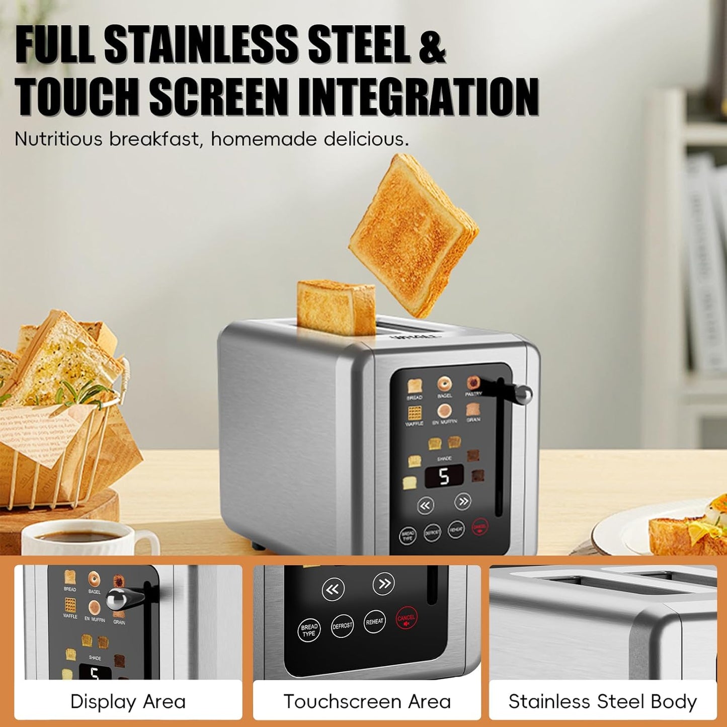 WHALL® Touch Screen Toaster - 2 Slice Stainless Steel with Digital Timer & 6 Shade Settings | Extra Wide Slots