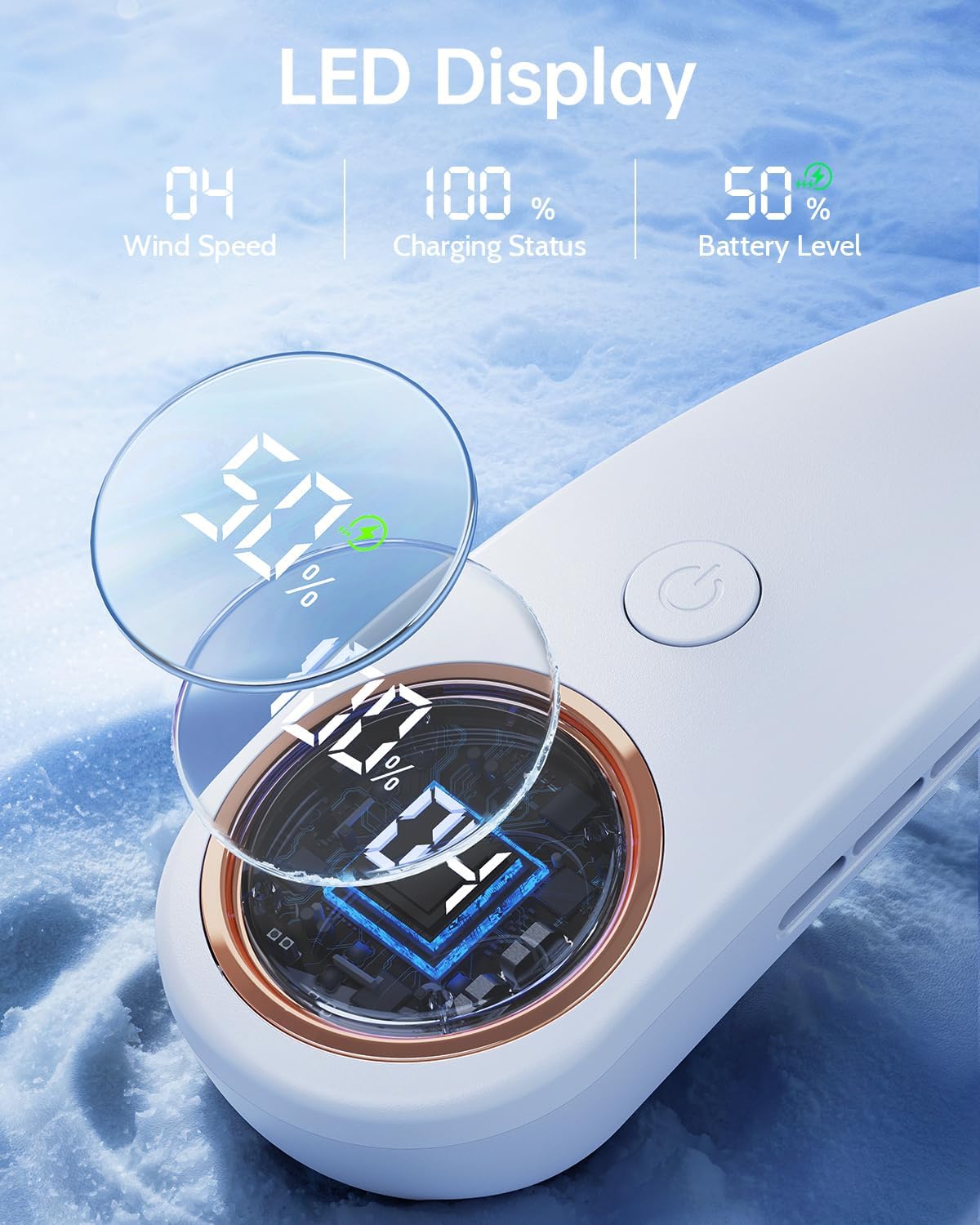 Skiennix Bladeless Neck Fan - Portable Wearable Cooling Device with LED Display, 4 Speeds, 5000mAh Battery | USB Rechargeable (White)