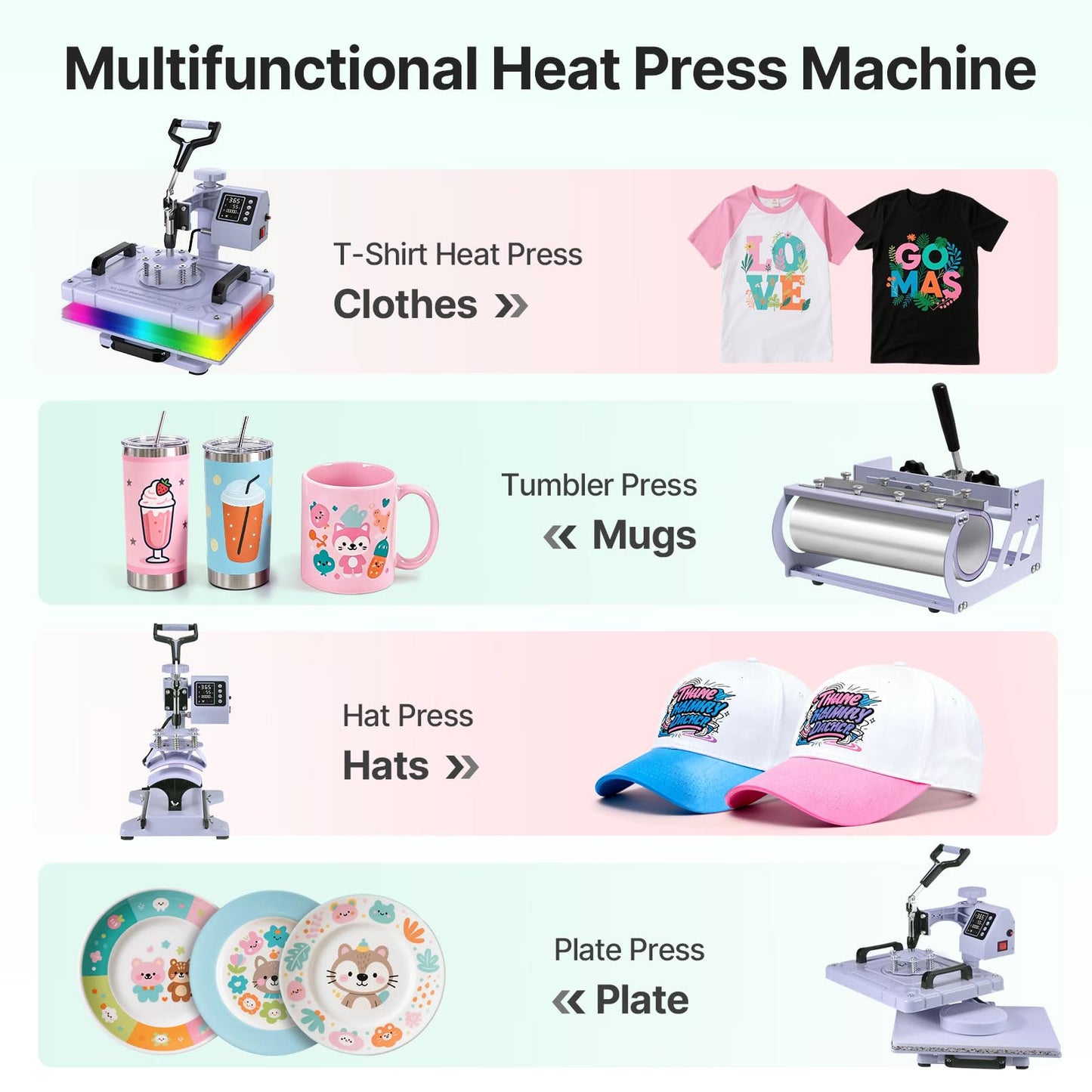 Slendor Heat Press Machine Sublimation Heat Press 360° Swing Away Heat Transfer Digital T-Shirt Pressing with 30OZ 20OZ Tumbler Press, Multifunction Combo for Hat Cap Plate 12''X15'' 5IN1 Lavender