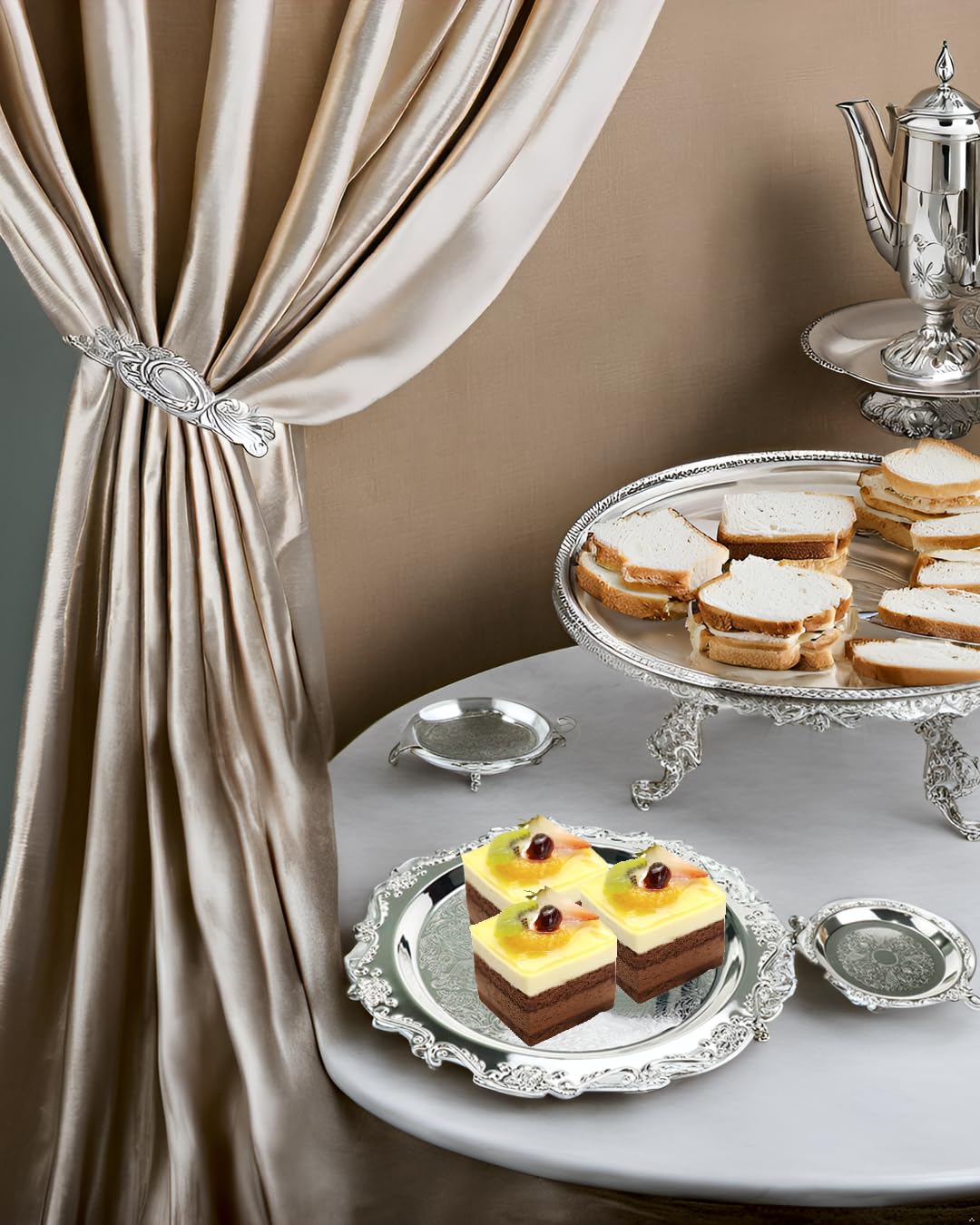 Quluxe Round Platter Serving Tray Metal Reusable Decorative Appetizer Platter Dessert Plate for Kitchen Party Centerpiece Display, 2 Pcs Silver (4 Inch+10 Inch)