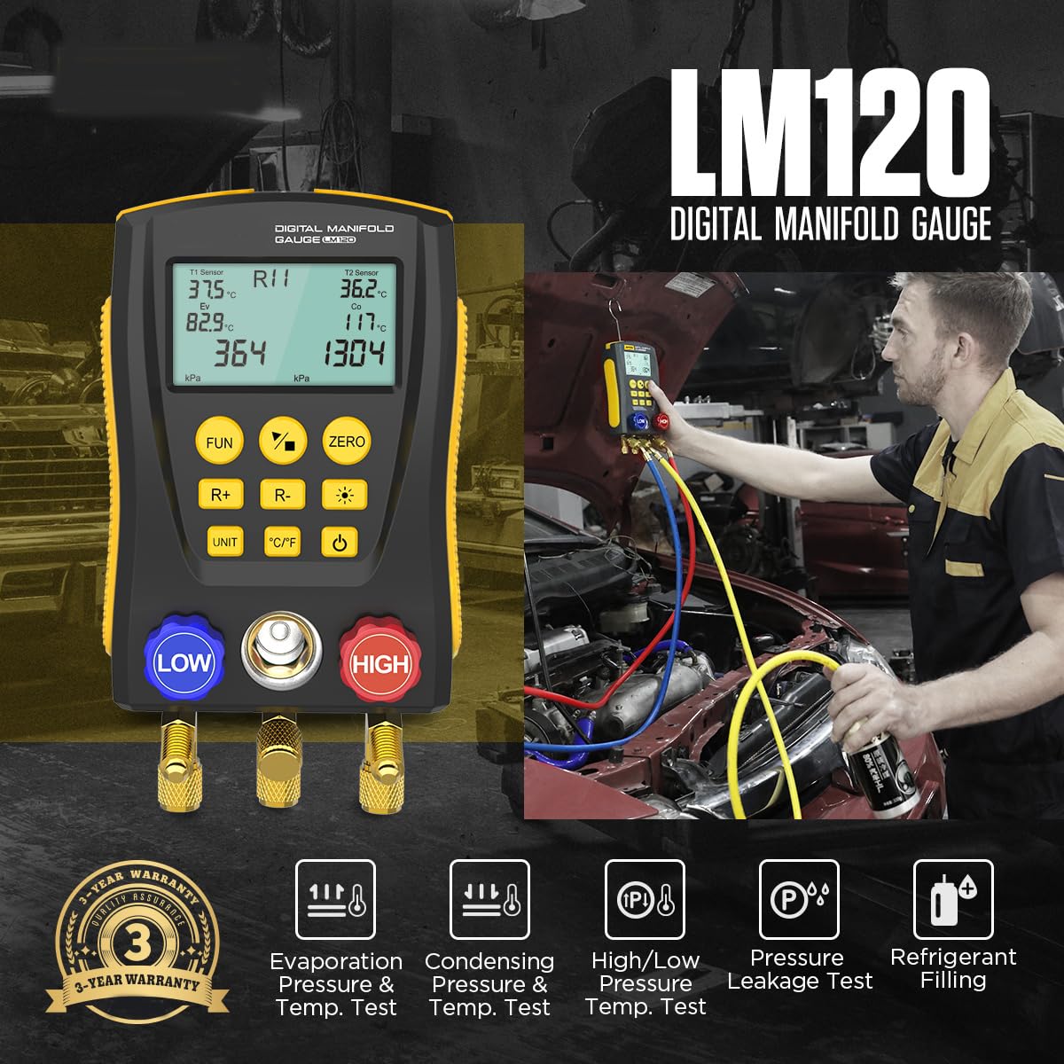 Digital Manifold HVAC Gauge Set, 92 Refrigerants Dual Pressure & Temp Test with Temperature Clips & Hoses, AC Vacuum Gauges for R1234YF R134A R404A R410A R32 R744 Refrigeration Recharge Kit, LM120+