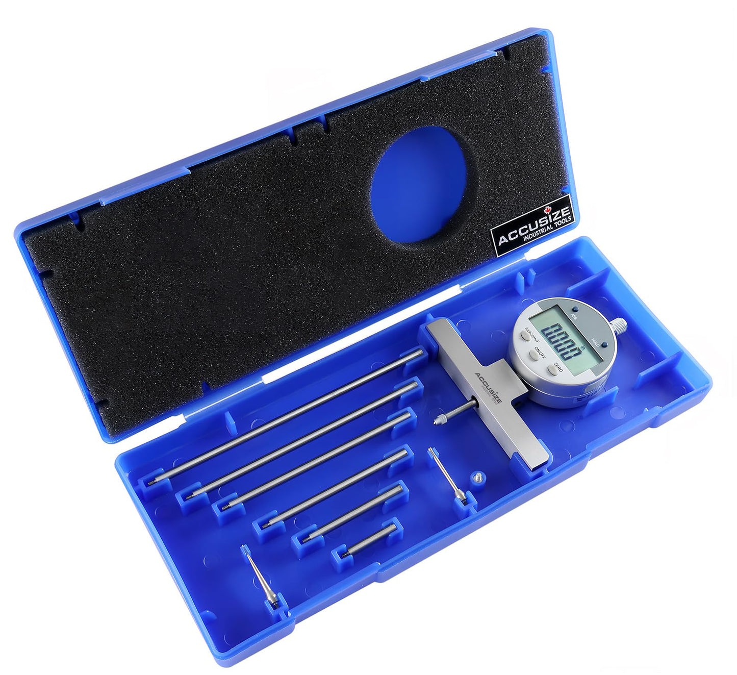 Accusize Industrial Tools - 0-22 inch Electronic Digital Depth Gauge, Inch/Metric/Fractional, 2 Extra Points for Small Hole Applications, P103-0188