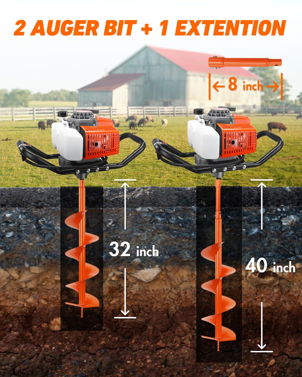 NEO-TEC 72CC Post Hole Digger Auger Drill Gas Powered 2-Stroke & 6" 10" Drill Bits + 1 Extension Bar, Earth Auger Petrol Drill Borer for Garden Lawn Auger Drill Bit for Planting