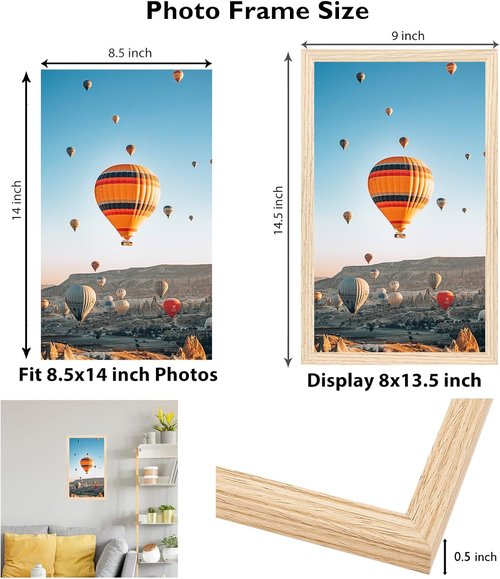 JCJMY Picture Frame 8.5x14 - Wall Mounting Horizontally or Vertically | Shatter-Resistant Plexiglass, Natural Finish