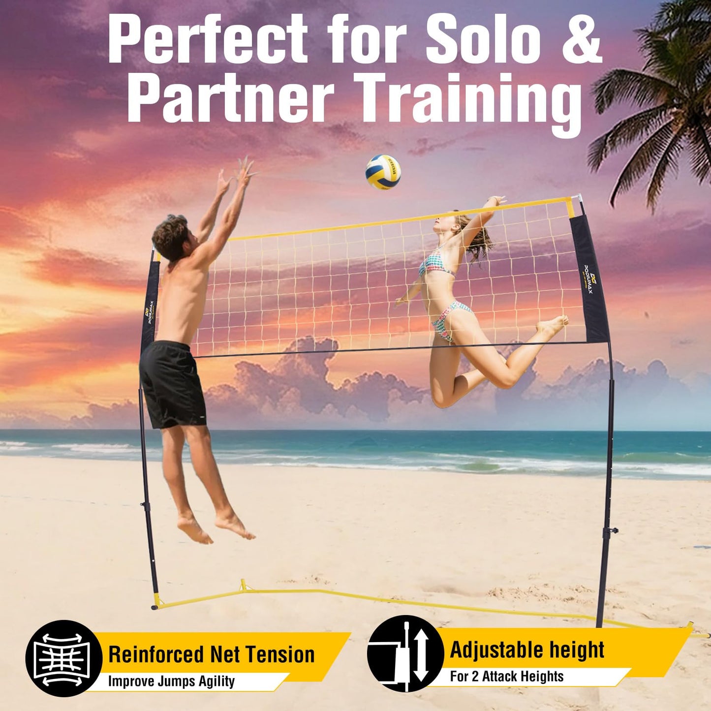 PodiuMax Volleyball Training Equipment, 11x8FT Adjustable 6.5–8 ft, Volleyball Practice Net for Serve & Spike, 2-in-1 Train & Play, Fast Setup, Stable Frame Training Net for Backyard Indoor Outdoor