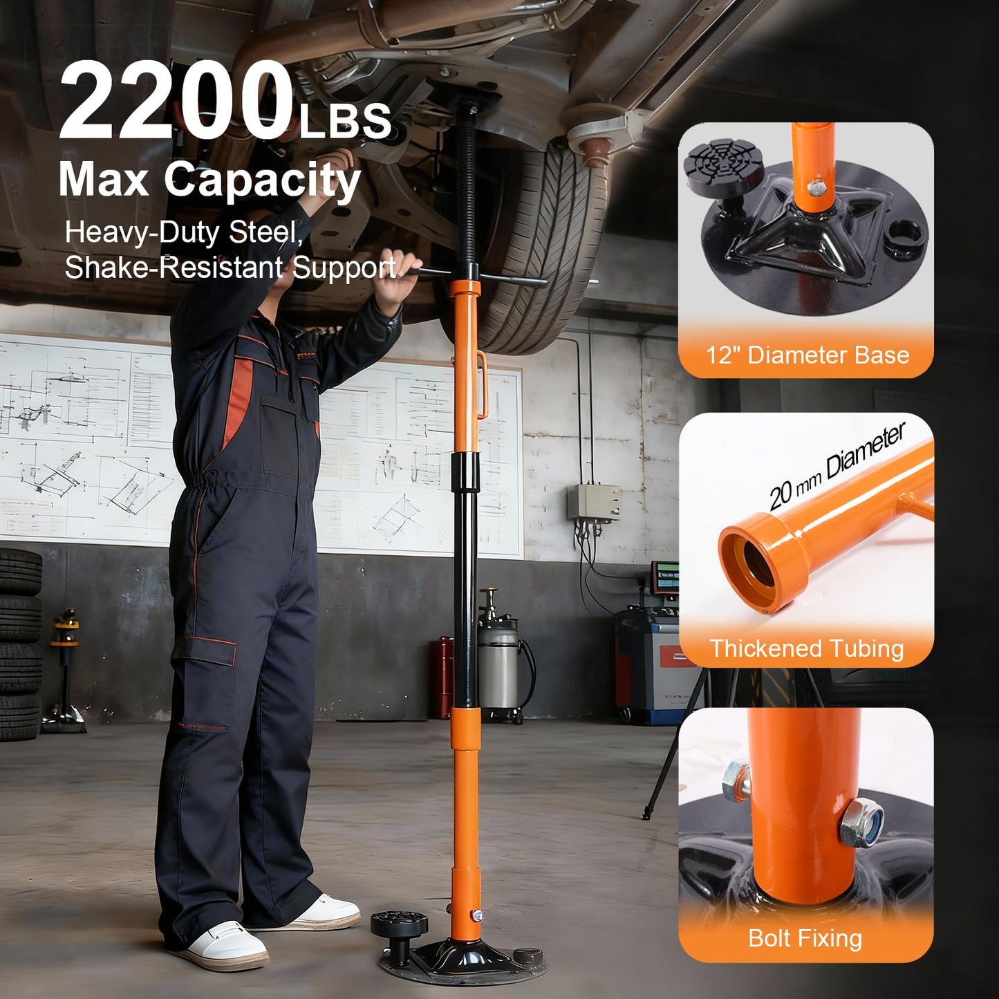 Underhoist Support Stand, 1-Ton Capacity, 3-Section Adjustable Height 34.8'' to 70.9'', Self-Locking Threaded Screw with Thrust Bearing Pole Jack, 2 Replaceable Saddles for Vehicle Component Support