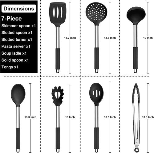 E-far Silicone Cooking Utensils Set - 7 Heat Resistant Kitchen Tools with Stainless Steel Handles | Black