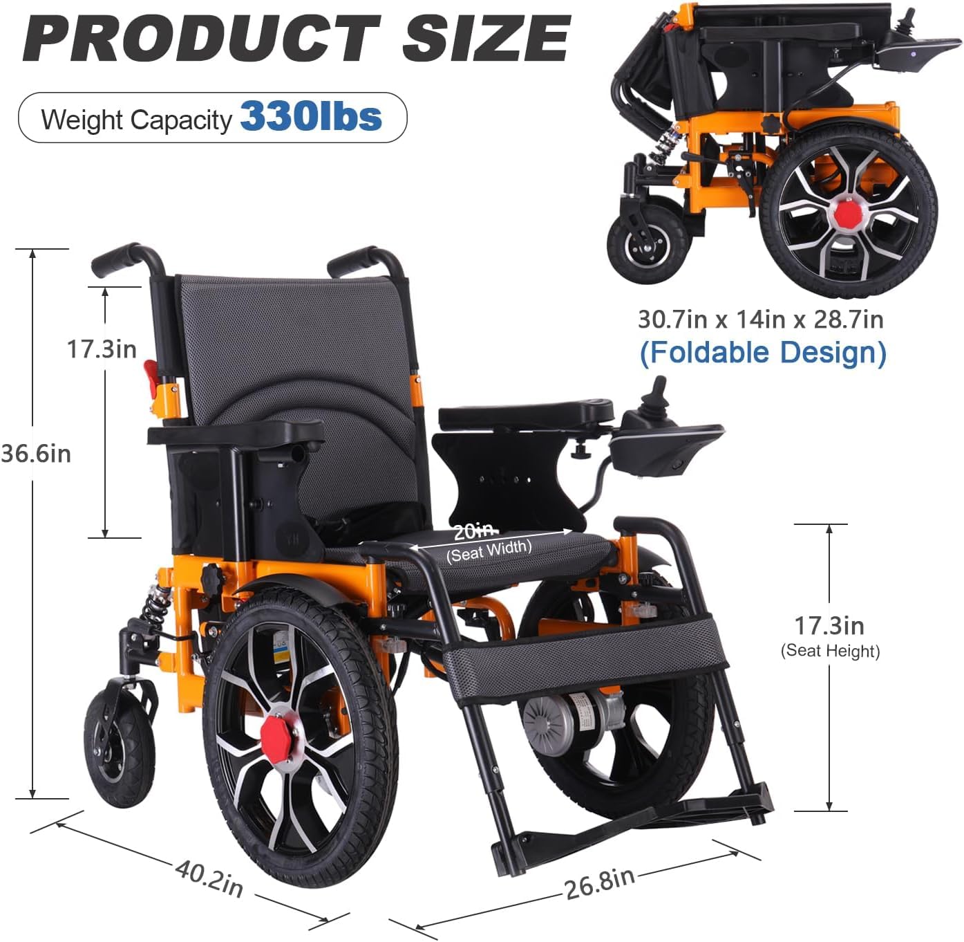 16" Big Front Wheel Electric Wheelchair, 20” Seat Width All Terrain Foldable Power Wheelchairs, Motorized Wheel Chair for Adults 330lbs, Dual Brakes, Rear Control Included, Led Light, Backpack