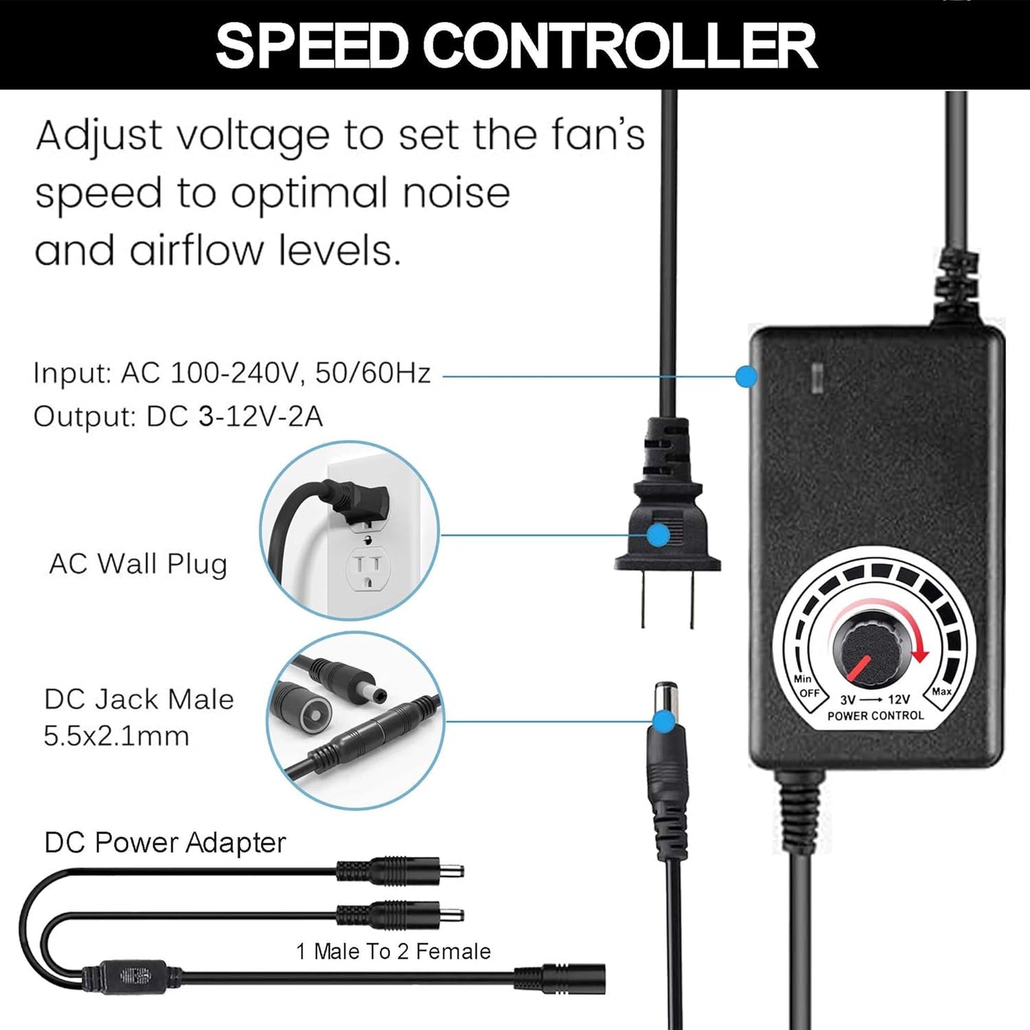2 120mm 240mm 110V 220V 12V Big Airflow x Computer Case Fan with AC Plug Power Supply, Dual PC Cooling Fan with Speed