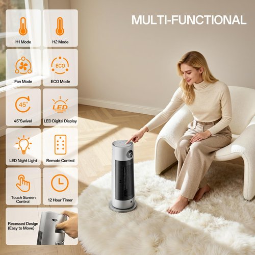 CEAMORFCO Space Heaters for Indoor Use, Portable Electric Heater with Nightlight, 1500W PTC Ceramic Heater with 4 Mode, 12h Timer, Overheat Protection, Safety Heat for Bedroom, Room, Office, Silver