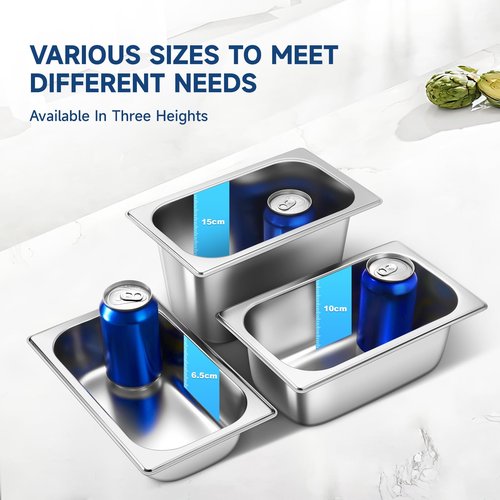 Hotel Pan with Lids 6 Pack 1/4 Size 4" Deep Stainless Steel Steam Table Pan, Commercial Food Pans for Catering Buffet Chafing Dish Pans Metal Steam Tray (1/4 Size x 4 Inch Deep, 6 Pack)