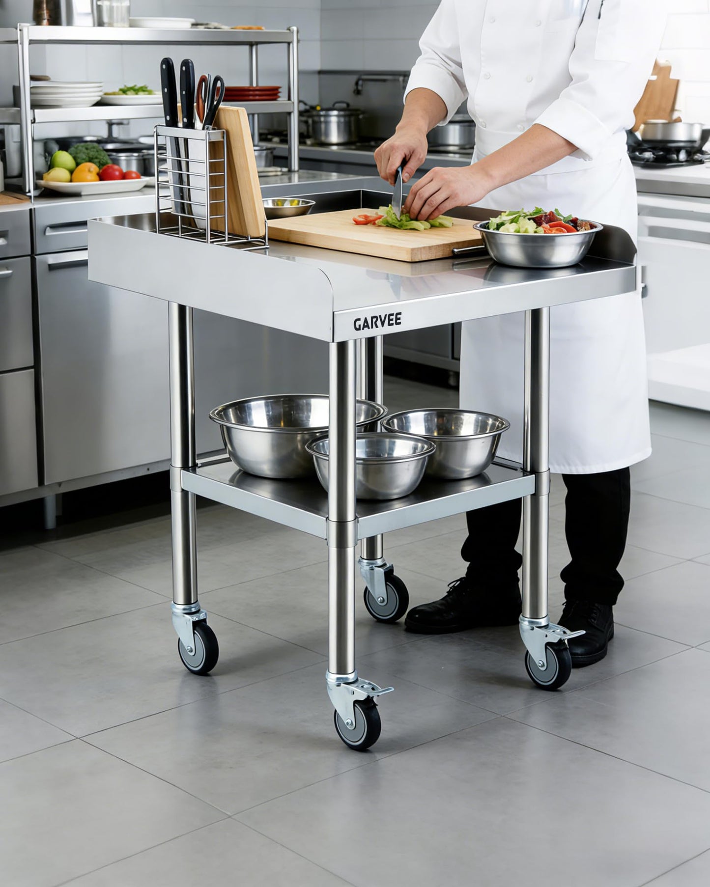 24 x 36 x 26 Inch Stainless Steel Work Table with Wheels, 3-Sided Backsplash and Adjustable Undershelf, Heavy Duty Commercial Prep Worktable for Kitchen, Restaurant, Garage