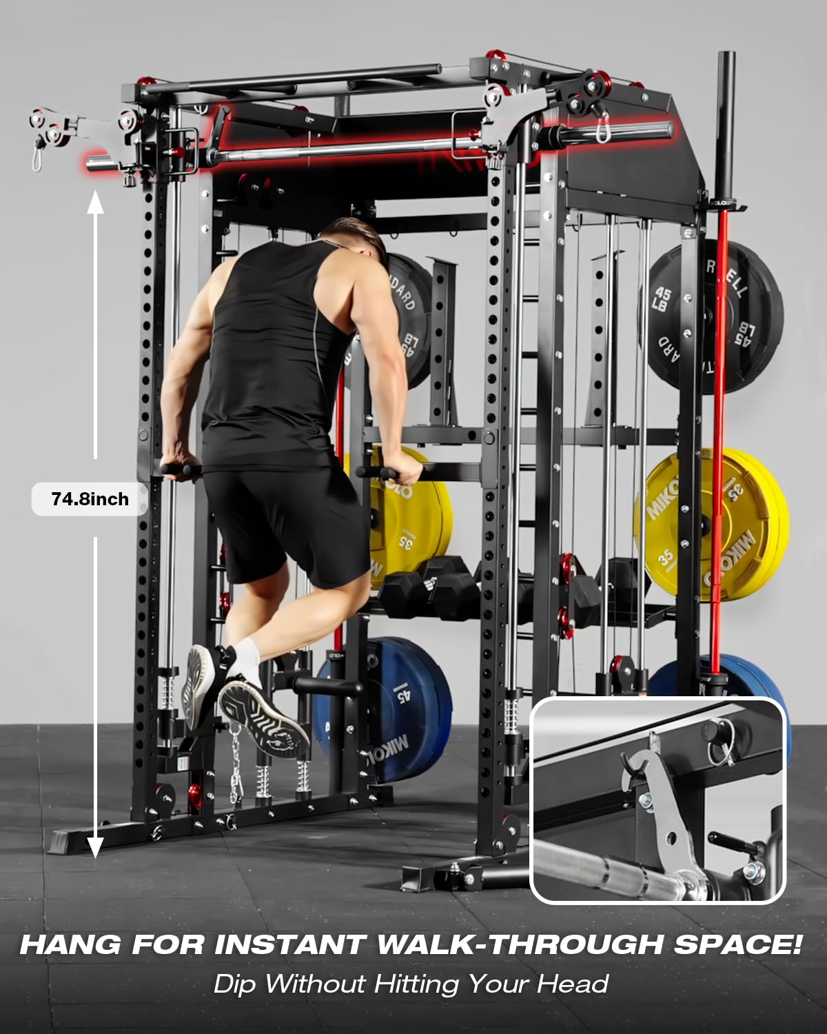 Mikolo Smith Machine, Multi-Function Power Cage with Dual Pulley System, Vertical Leg Press Attachment, Squat Rack Power Rack with More Training Attachment for Home Gym (M10 with Pivot Arm)