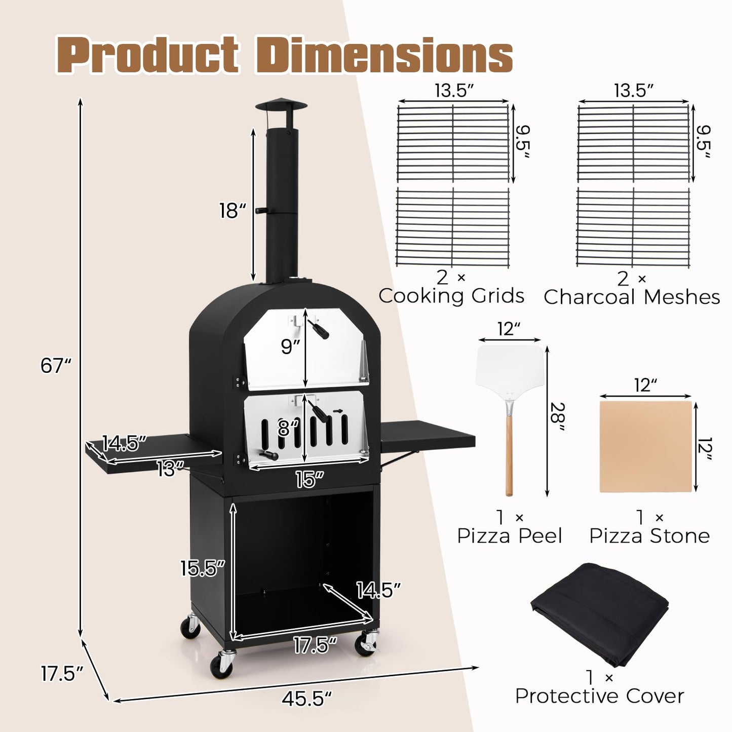 LDAILY Outdoor Pizza Oven, Wood Fired Pizza Maker with Side Shelves, Cooking Grids, Cover, Pizza Stone & Peel, Patio Portable Pizza Stove for Backyard, Camping & Party, Black