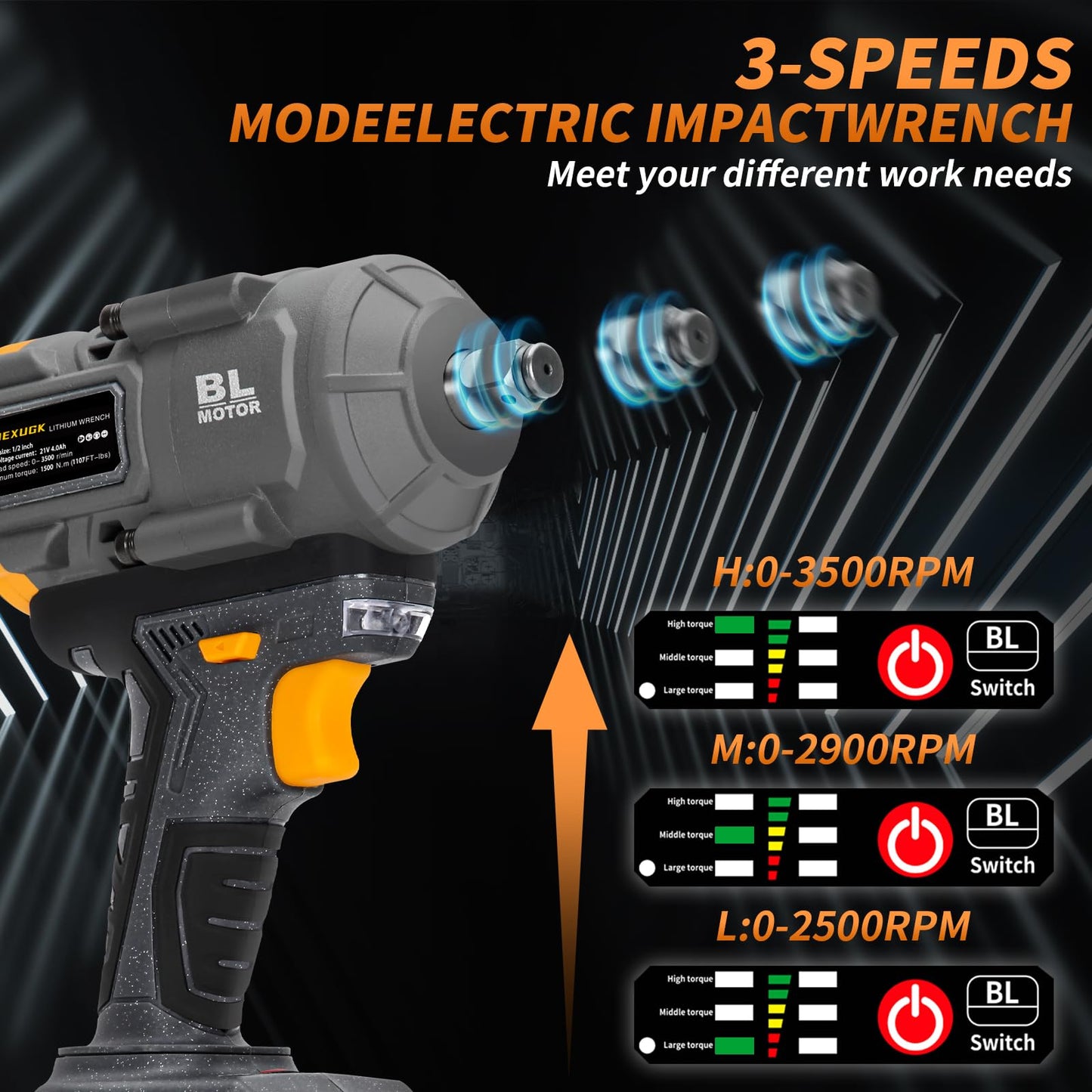 JEXUGK 1500Nm Impact Wrench, 1/2" 1107ft-lbs Cordless Impact Gun with 2 x 4.0Ah Battery, 21V High Torque Power Impact Driver with 6 Sockets,Pistola Llave De Impacto for Truck RV Car Heavy Construction