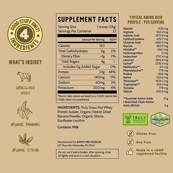 Earth Fed Muscle Go!?¯Bananas Irish Grass?‘Fed Whey Protein Isolate ??All Natural Banana Flavor, Zero Added Sugar, Soy?‘Free, Gluten?‘Free (2lb, 27 Servings, Banana)