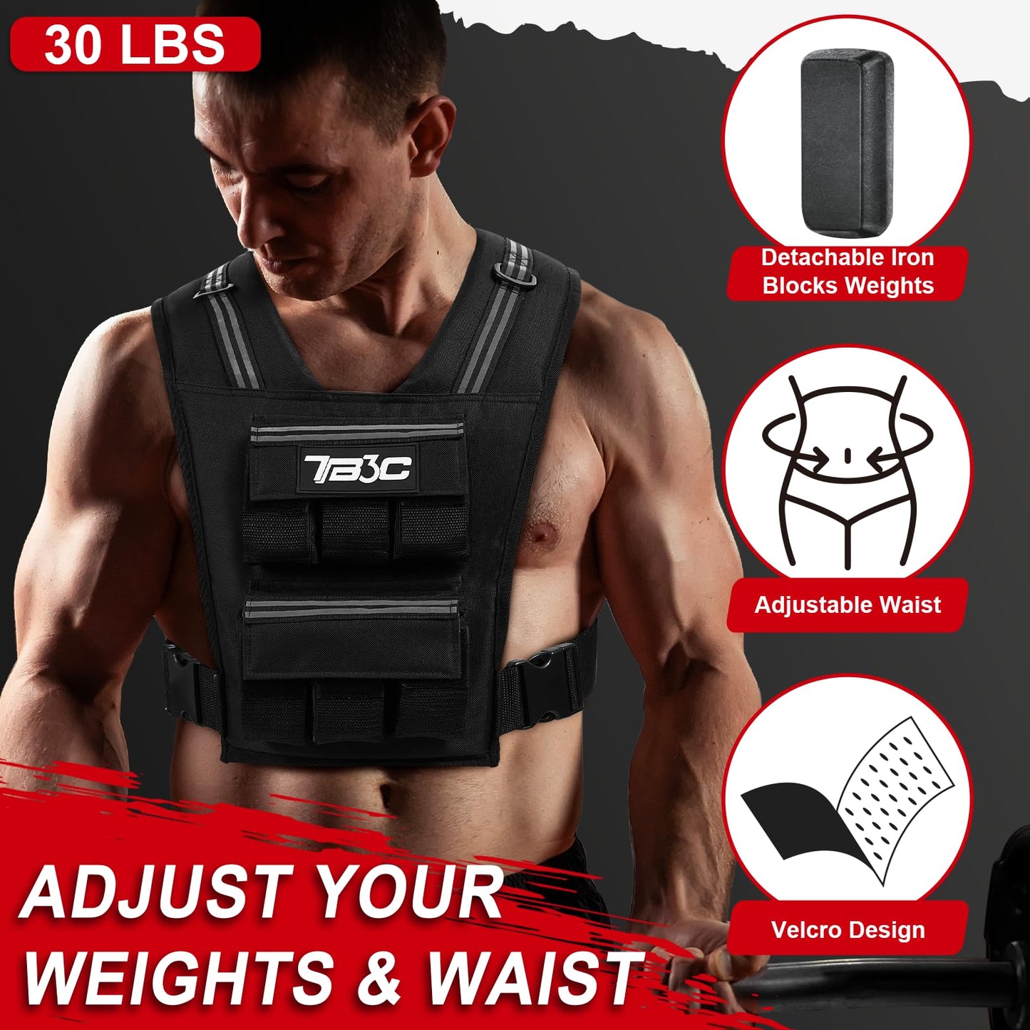 TB3C Adjustable Weighted Vest Men & Women, 30lbs with Reflective Stripe, Workout Vest for Home Gym, Cardio, Strength Training & Weight Loss