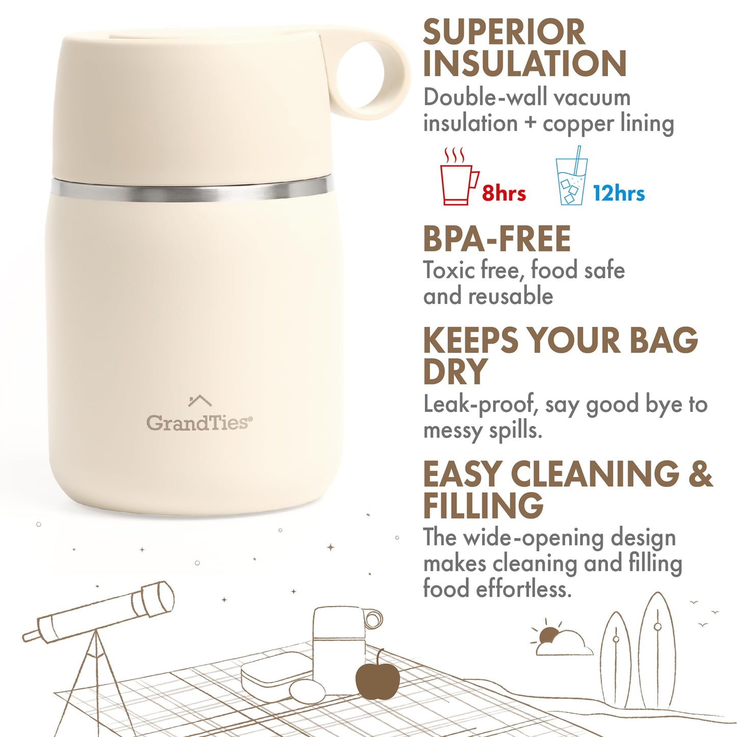 GRANDTIES Insulated Food Jar, 20 oz Wide Mouth Thermo BPA Free Stainless Steel Container for Hot Food with Carry Handle Bowl Cap & Foldable Spoon, Leakproof for Lunch To Go Meals (Ivory White)
