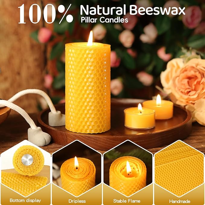 Handmade-Rolled Beeswax Candles,2x4in-9 pcs All Natural Honeycomb Beeswax Pillar Candles,180 Hours Long Burning Bees Wax Candles for Home