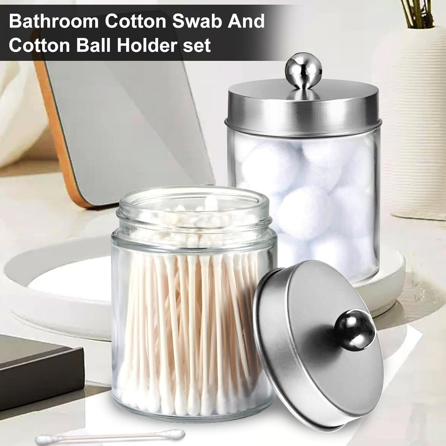 Qtip Holder Set by [Brand Name] - Clear Plastic Apothecary Jars with Lids for Bathroom Organization | 4 Pack