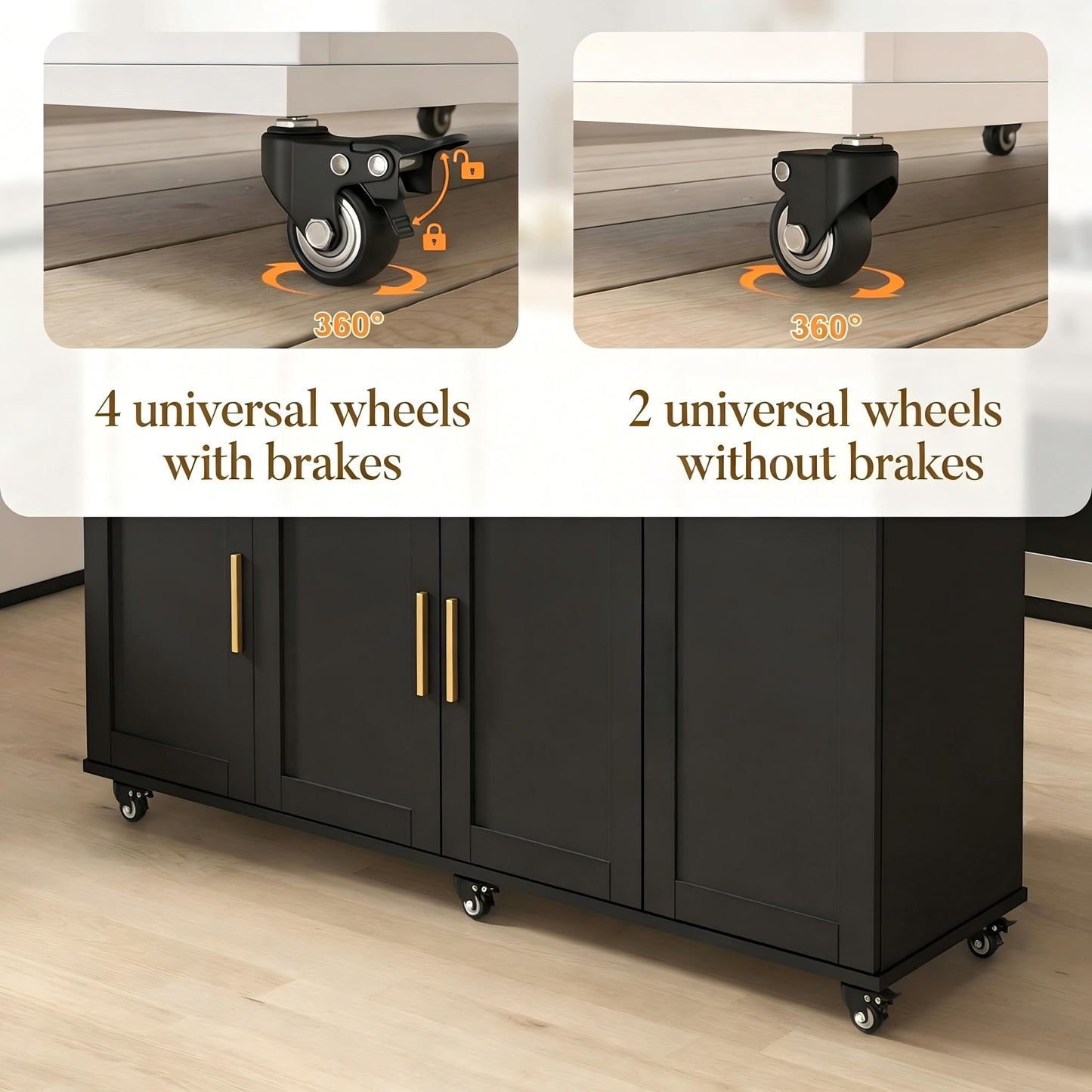 FFIQQ 59 Inch Large Mobile Kitchen Island Cart with Drop Leaf, 2 Cabinets, Drawer, Extra Counter Space & Trash Bin Storage, Rolling Portable Prep Table for Kitchen, Black, Particleboard