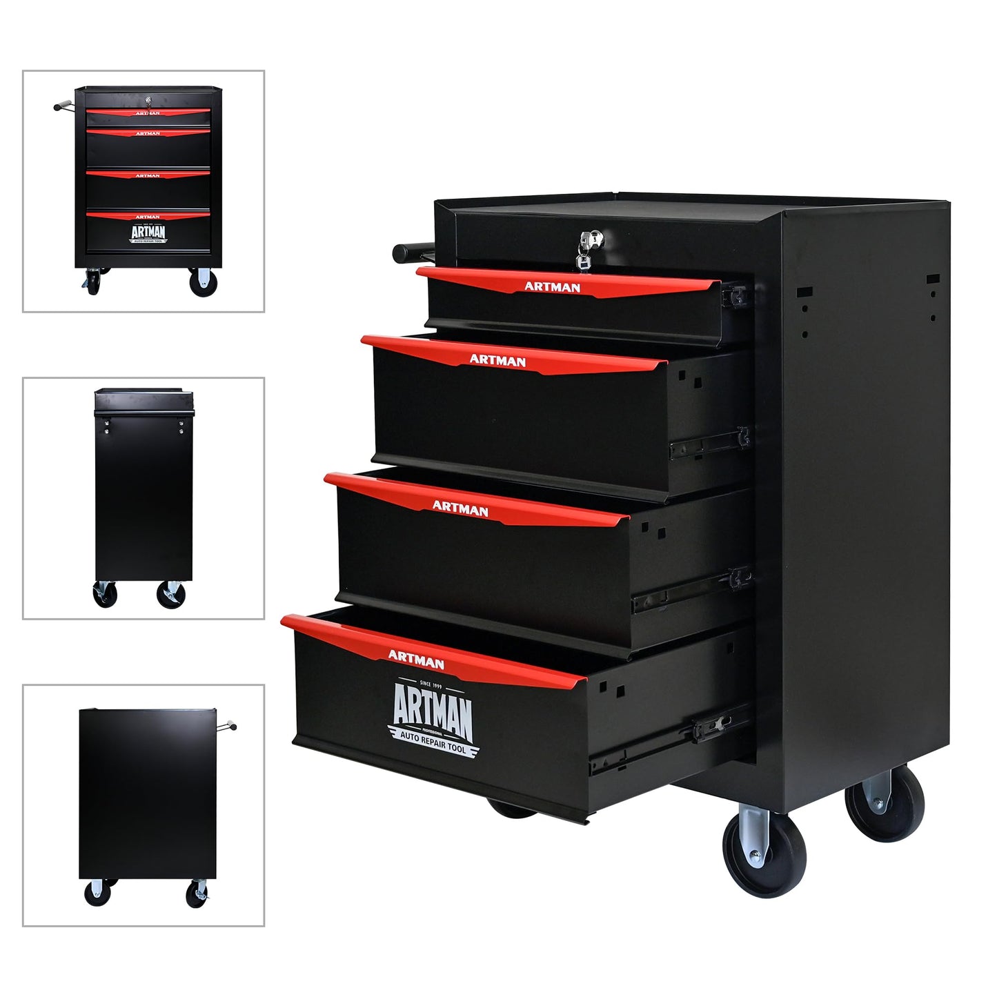 RYH 4/5/6/7 Drawers Rolling Tool Chest - Heavy Duty Mobile Tool Cart with Locking Wheels & Ball Bearing Drawers, 30.5" H x 20.9" W x13 D Garage Tool Storage Cabinet，Metal Tool Box (Black, 4 Drawers)