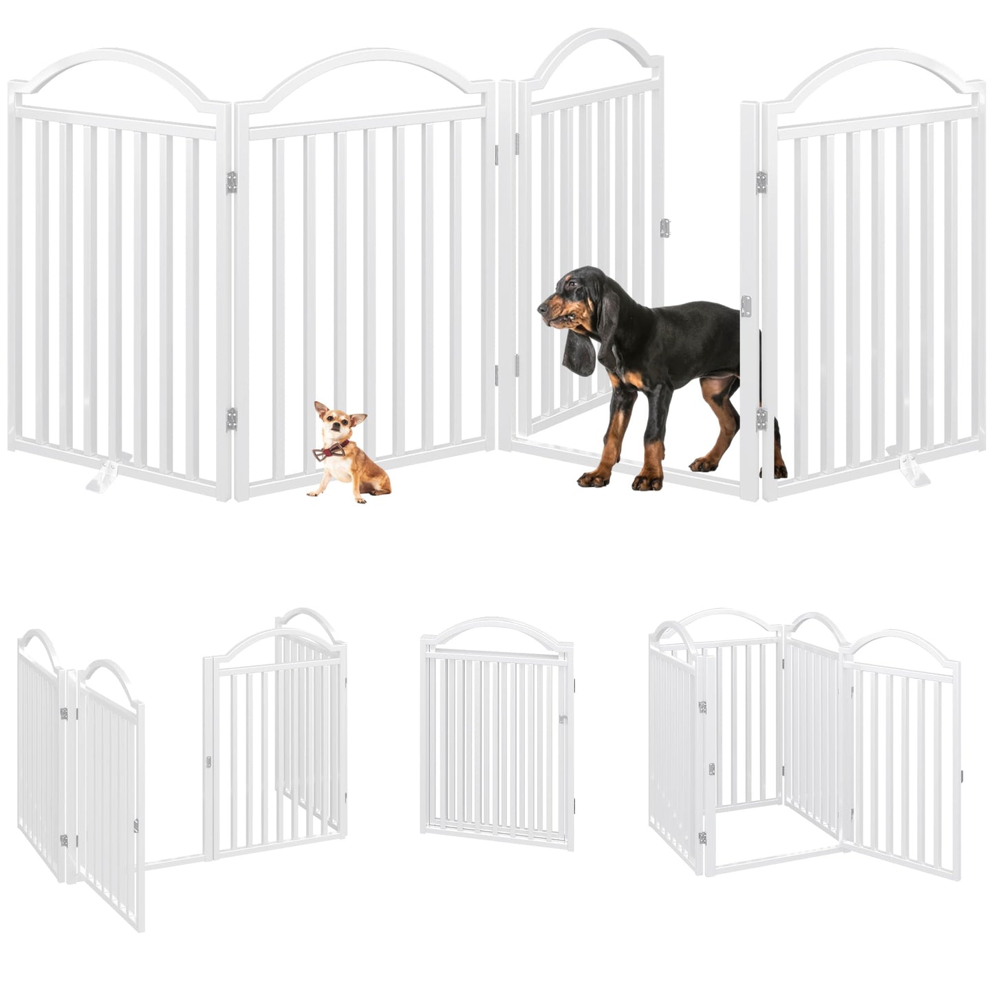 BHG Metal No-Assembly Freestanding Dog Gate with Door Walk Through, Extra Wide 96", Extra Tall 32" Pet Gate, Accordion Puppy Folding Playpen Dog Fence for Indoor & Outdoor, with 2PCS Support - White