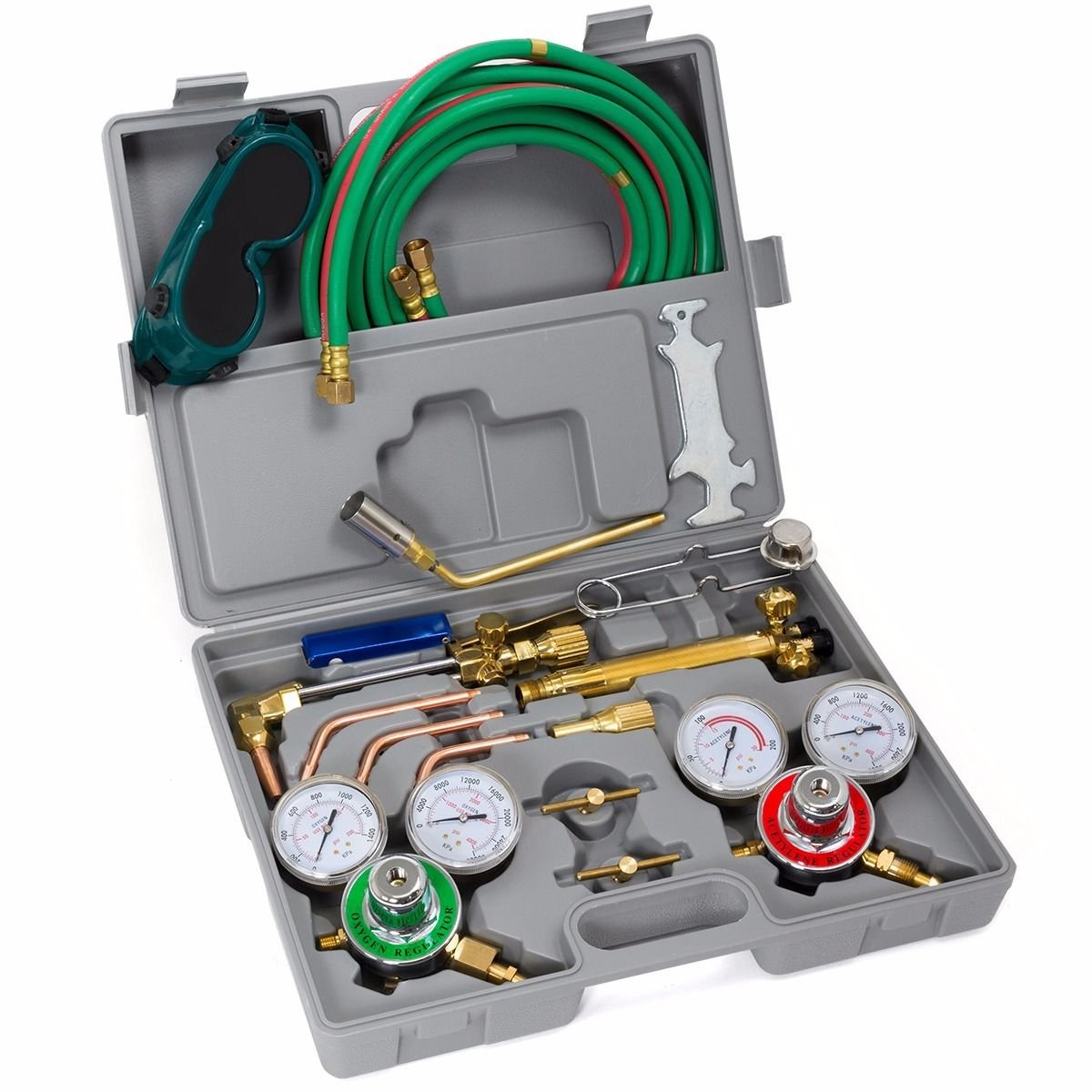 XtremepowerUS Oxygen & Acetylene Welding Brazing Cutting Torch Kit Gas with 3 Nozzle 11.5' ft Hose Gauge Regulator Set CGA 540 Goggles Carrying Case