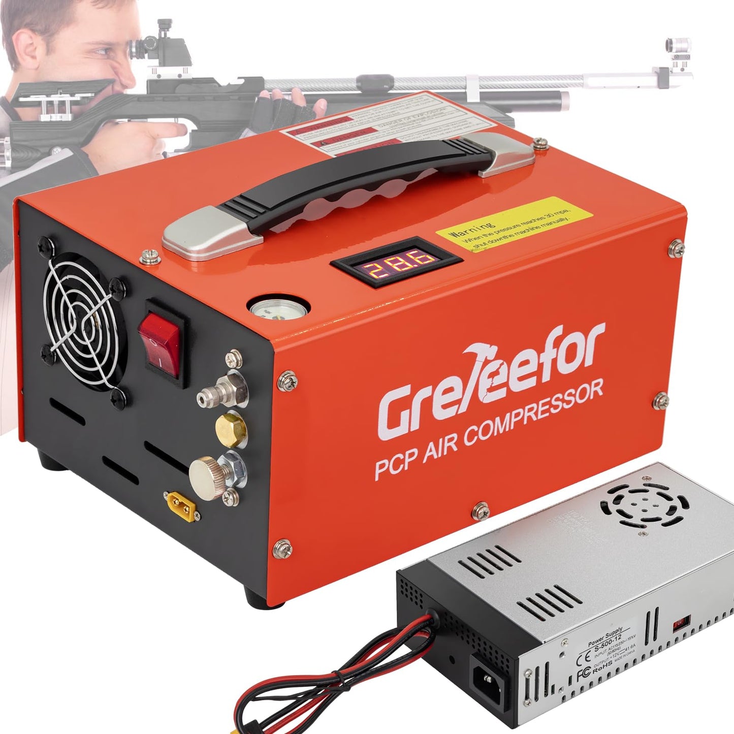 PCP Air Compressor, 4500 PSI / 30 MPa, Dual Power Car 12V DC or Home 110V/220V AC, Retractable Handle, Water/Oil-Free for Paintball/PCP Rifle/HPA Tank, Manual Stop, 250W, Orange