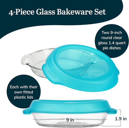 Libbey Baker’s Premium Glass Pie Plate Set - 2 Stackable Casserole Dishes with Lids for Pies & Quiches