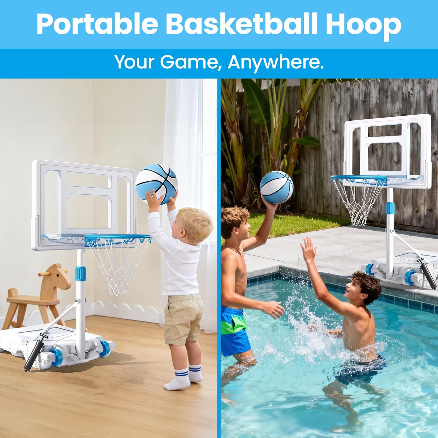 BACKYARD BLITZ Pool Basketball Hoop, 32in Portable Swimming Basketball Hoop for Pool, Stainless Steel Rust-Proof Basketball Goal Set Outdoor/Indoor