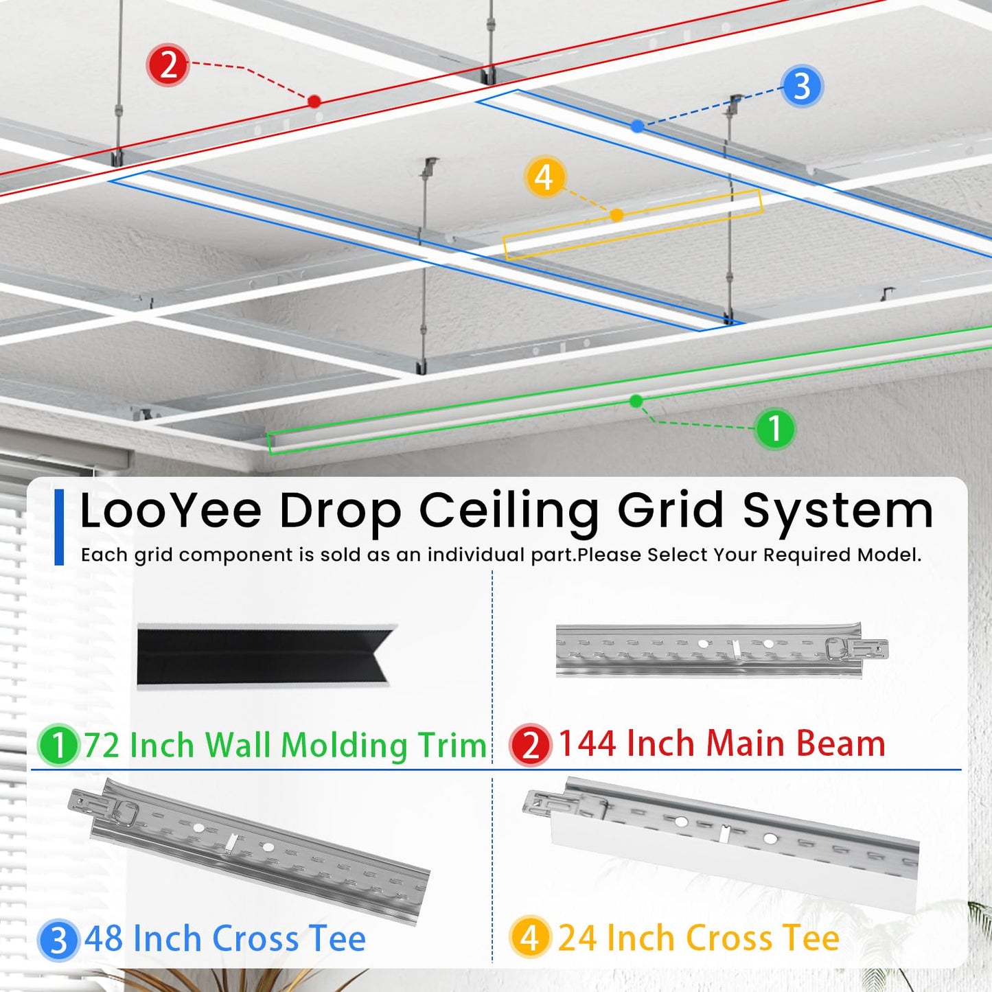 LooYee 25 PCS 144 Inch Main Beam Cross Tee Drop Ceiling Grid System, 12 Ft Galvanized Steel Rust & Fire Resistance, Ideal for Basement Living Room Garage Kitchen Bathroom White