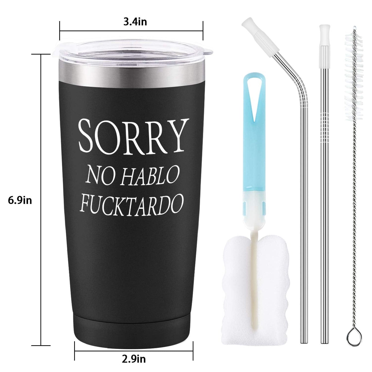 GINGPROUS Sorry No Hablo Fuctardo Travel Tumbler, Funny Ideas for Men Women Friends Brother Dad Sister Co-wokers Colleague Employee, Insulated Stainless Steel Tumbler (30 Oz, Black)