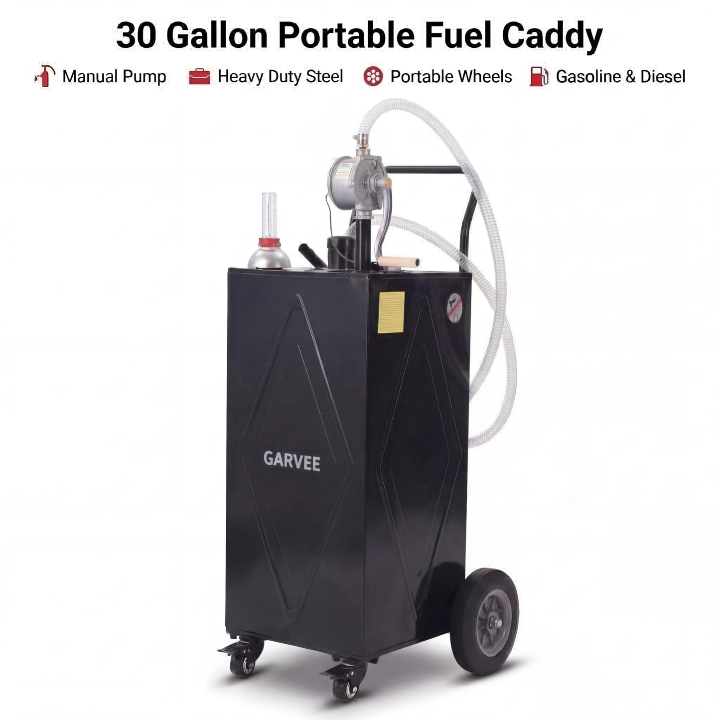 GarveeTech 30 Gallon Fuel Caddy with Manual Pump, Portable Fuel Transfer Tank on Wheels, Heavy Duty Gasoline & Diesel Storage Container for Trucks, Boats, ATVs, Lawn Mowers, Farm Equipment - Black