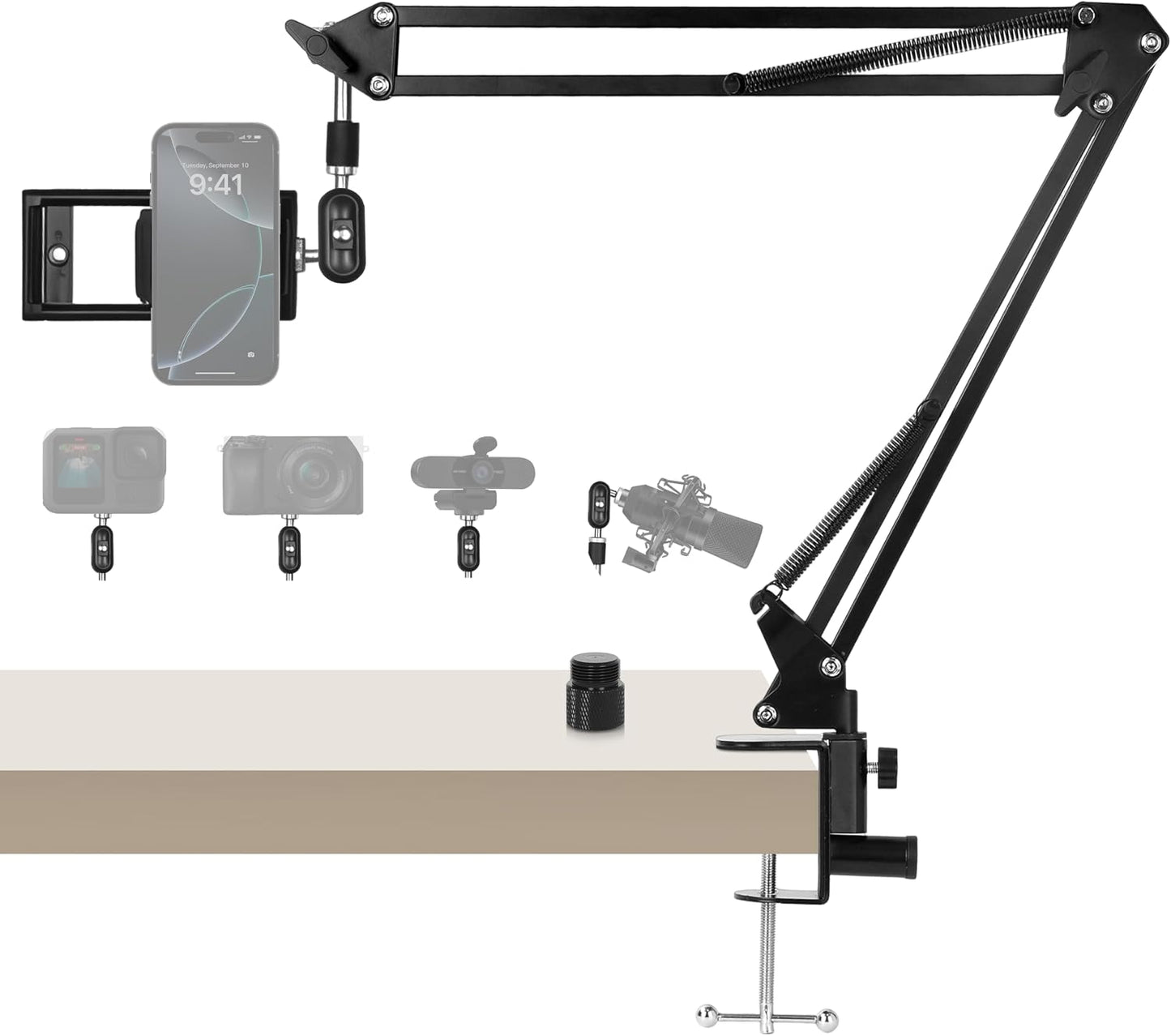 ellrkr 30" 360 1/4" 5/8" Magic Arm Holder w Clamp - Overhead Phone Mount for Desk, Smooth & Thread Webcam Stand
