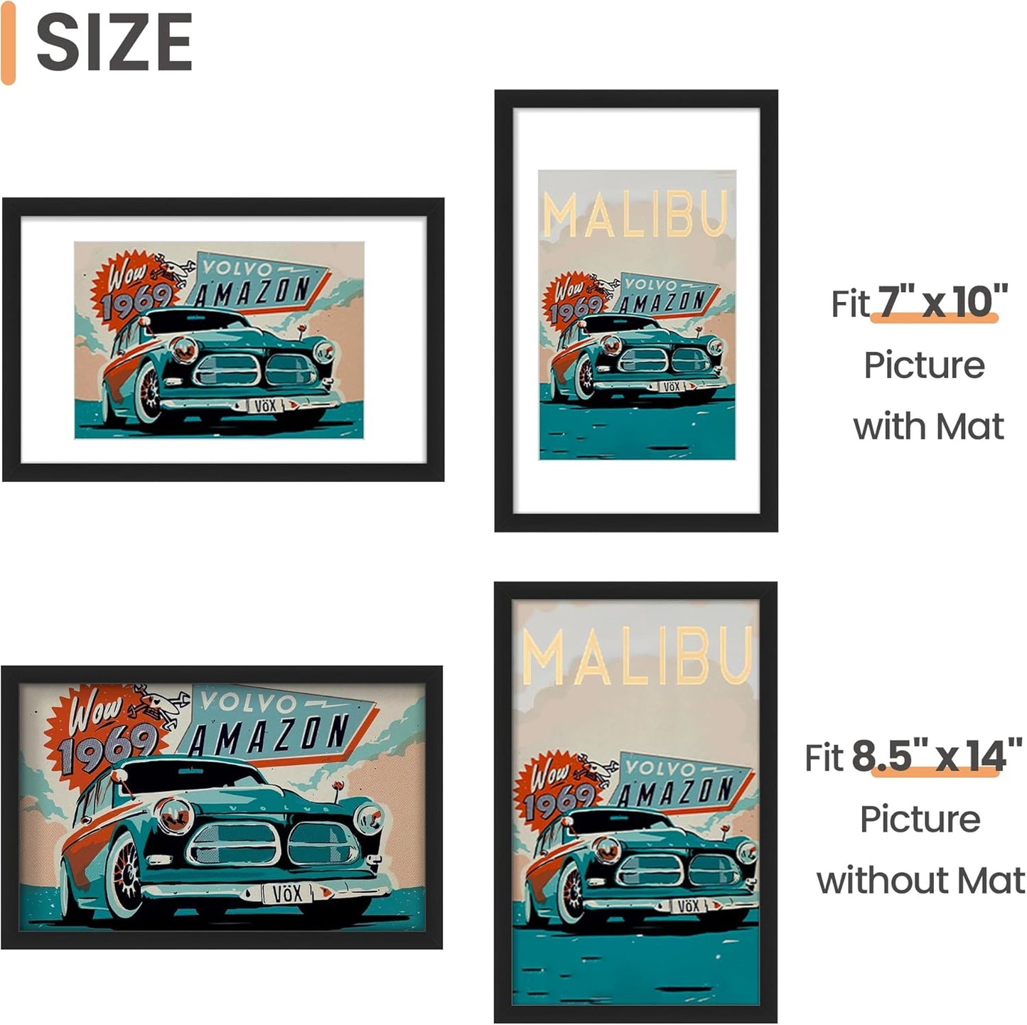Upsimples 8.5x14 Picture Frame Set of 5 - Display 7x10 Photos with Mat or 8.5x14 Without | Black Wall Gallery Frames