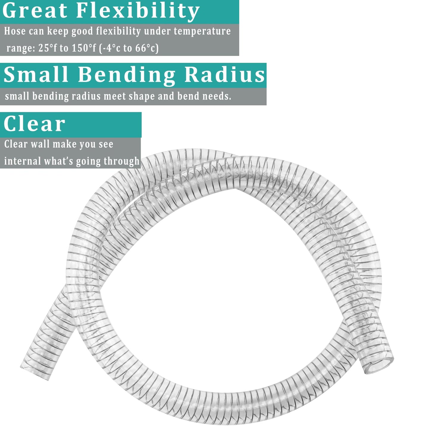 Flexible Hose 1 1/2" id - 50ft Clear PVC Spiral Steel Wire Reinforced Vinyl Tubing 1.5 inch Plastic Vacuum Pipe Flex Suction Hose for Dust Collection Boat Marine Pump, Drain Water Fuel Gas