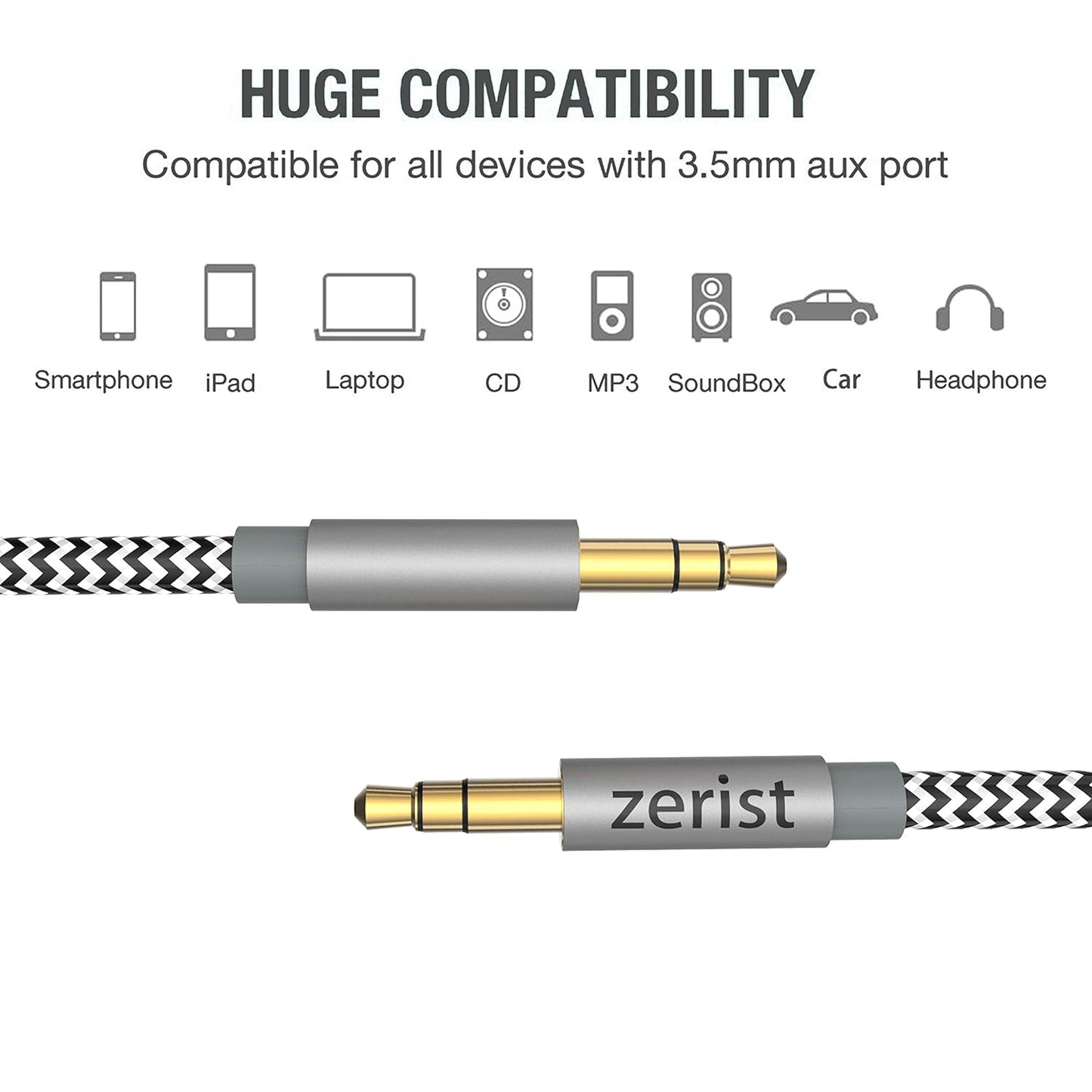 Zerist 3.5mm 10ft/3m Stereo Audio Cable Extension Male to Male Nylon Braided Tangle-Free AUX Cable for Headphones