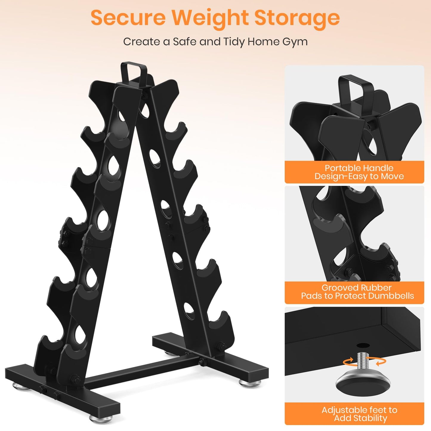 TomCare Dumbbell Rack Stand Only, 5 Tier Weight Rack for Home Gym Metal Compact A-Frame Dumbell Holder for Dumbell Set (5-35 LB), Weight Storage Holder with Handle (Stand Only)