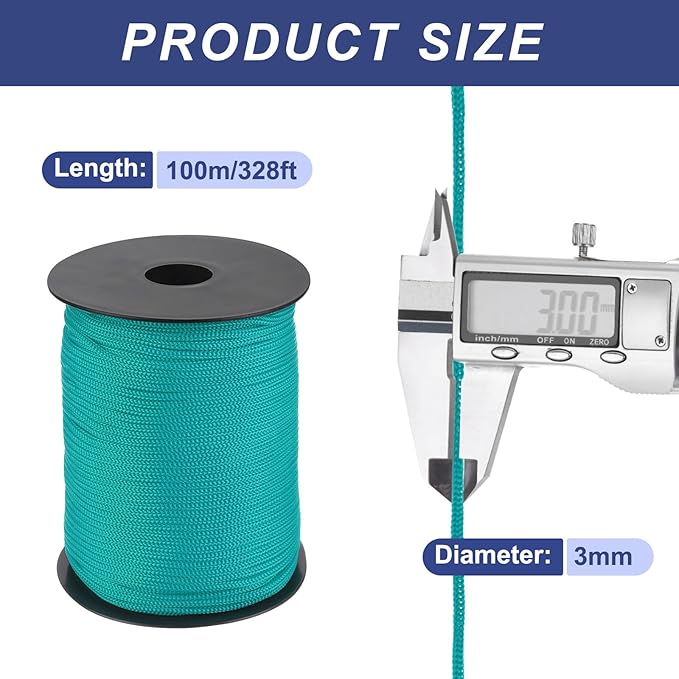 MECCANIXITY 1/8 Inch Polypropylene Rope Braided Ropes, 328ft Nylon Rope Hollow Utility Cord for Clothesline, Camping, Hiking, Outdoor, Peacock Green