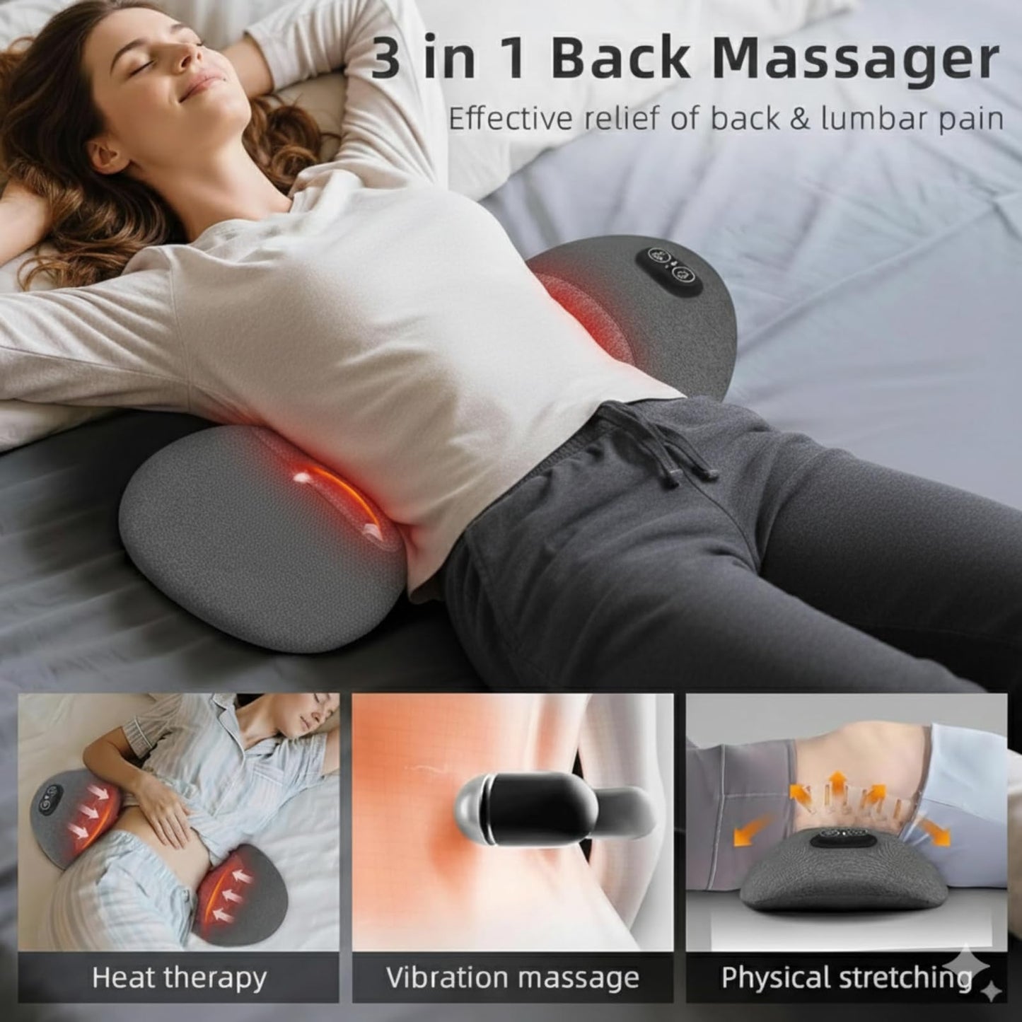 TNDCKP 3 in 1 Back Massager for Spine and Lower Back, Electric Lumbar Massager with Heat, Spine Massage Pillow with Traction Support for Home and Office Comfort (Grey) (Grey)