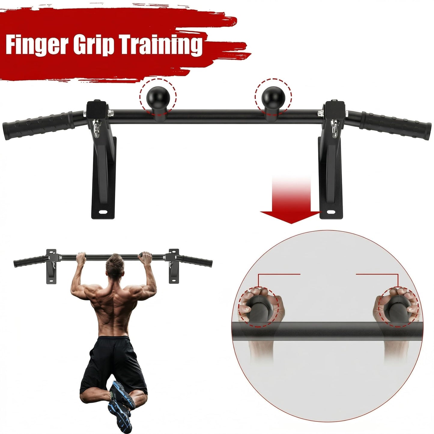 HWOOUSA Wall Mount Pull Up Bar, Heavy Duty Steel PullUp Bar Fits Wood Studs, Multi Grip Pull Up Bar with Ball Finger & Round Rings, for Home Gym Garage Basement Strength Training Chin Up Bar