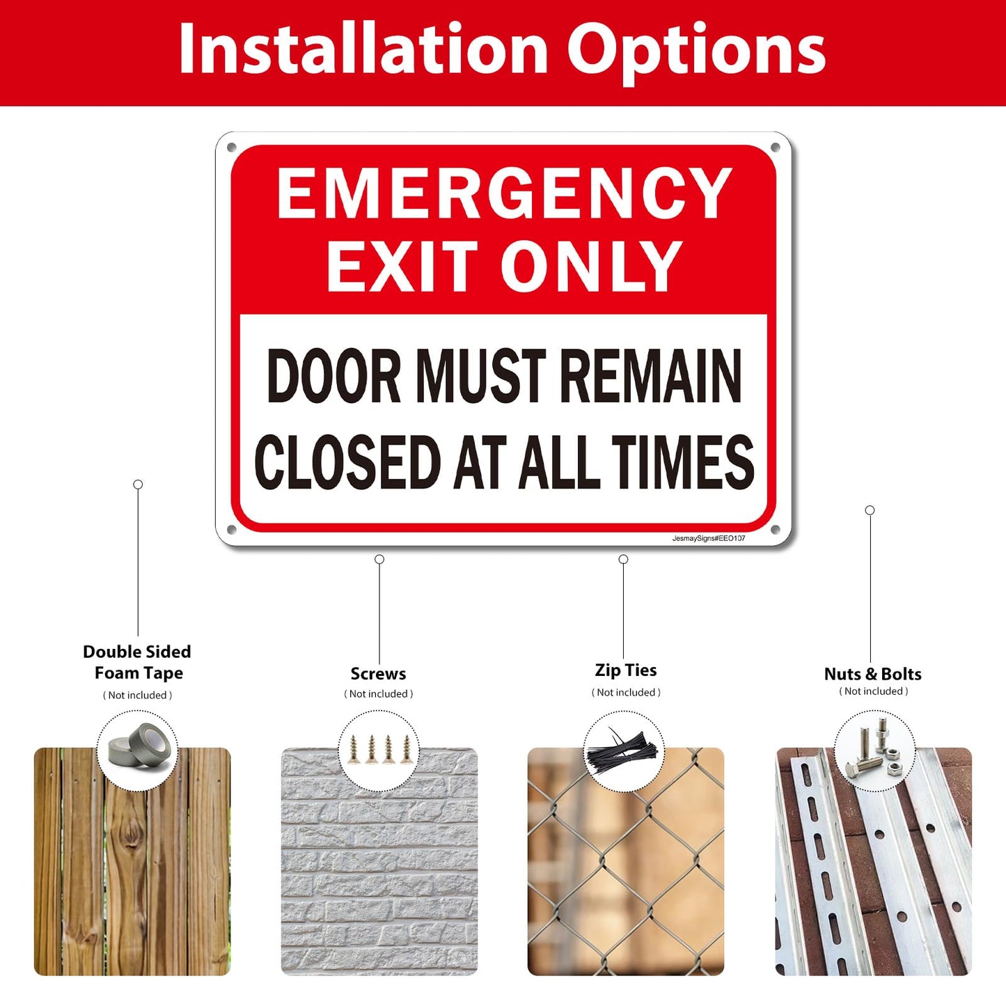 2 Pack Emergency Exit Only - Door Must Remain Closed at All Times Sign, 10"x7" Rust Free Reflective Aluminum, Weather & Fade Resistant, UV Protected, Easy Mounting