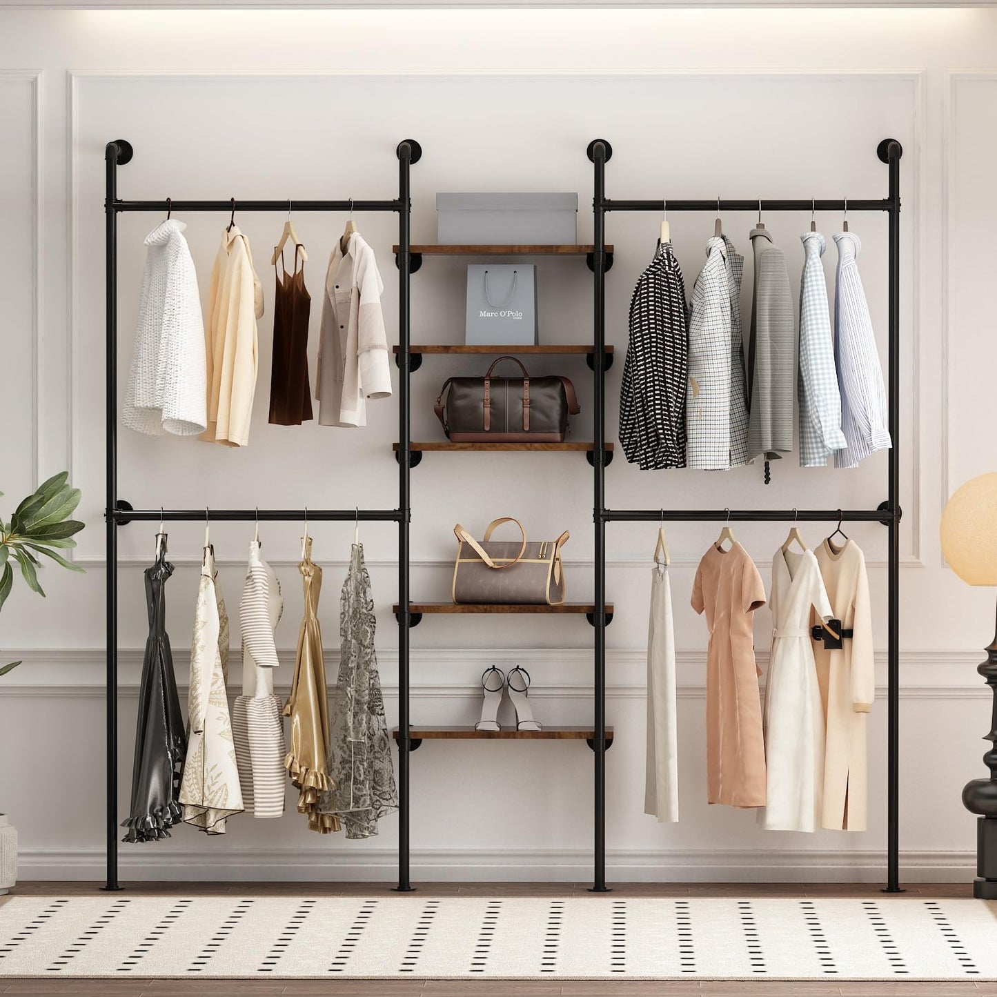 WTPLWD Industrial Pipe Clothing Racks with 5 Shelves, Wall Mounted Clothes Rack for Hanging Clothes, Black Wall Clothing Rack, Heavy Duty Clothes Rack for Walk in Closet, Laundry Room