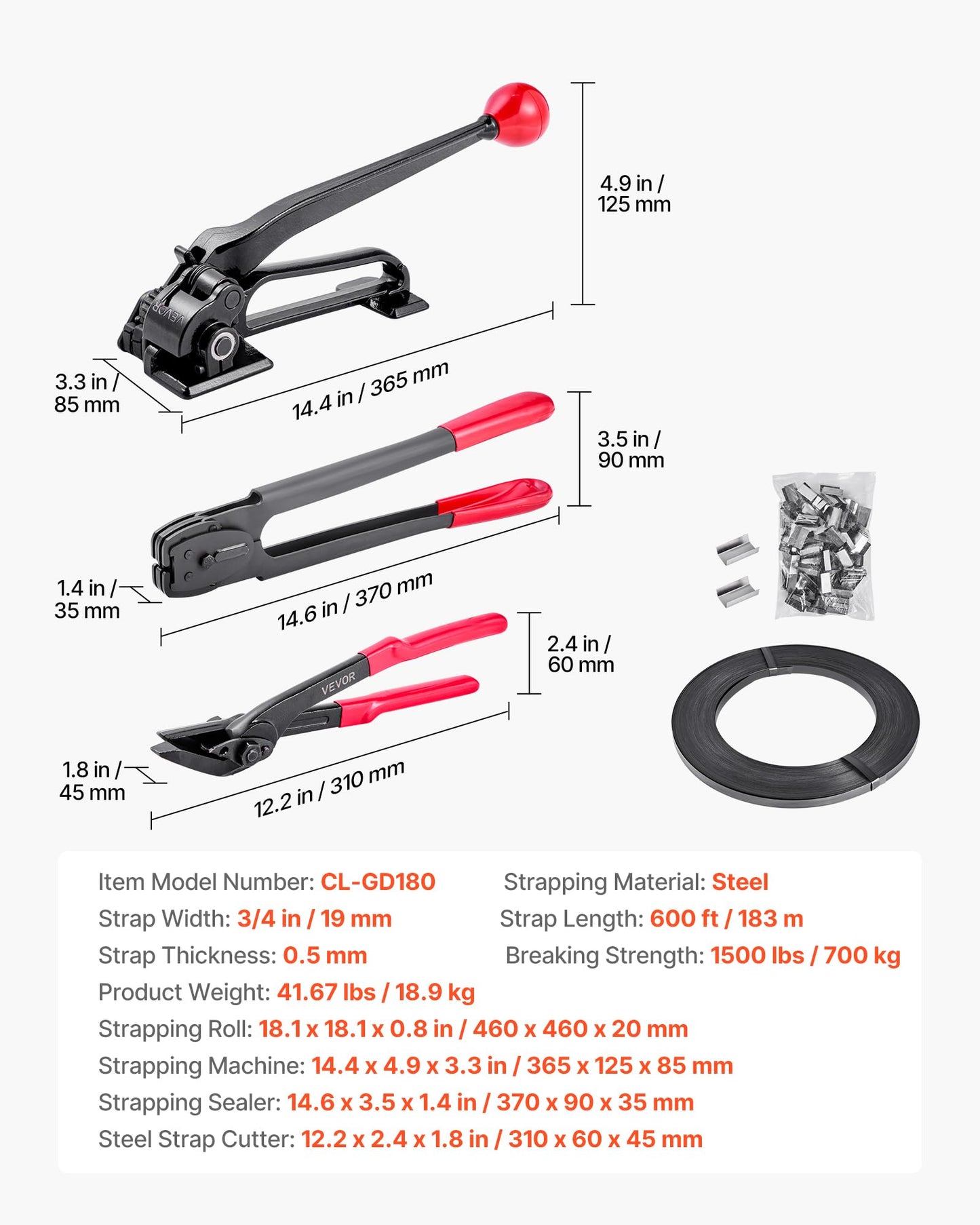 VEVOR Steel Banding Strapping Kit, Heavy Duty Banding Sealer Tool with 600 ft Binding Straps, 300 Metal Seals, Manual Pallet Packaging Strapping Kit for Warehouse, Transportation, Industrial Bundling