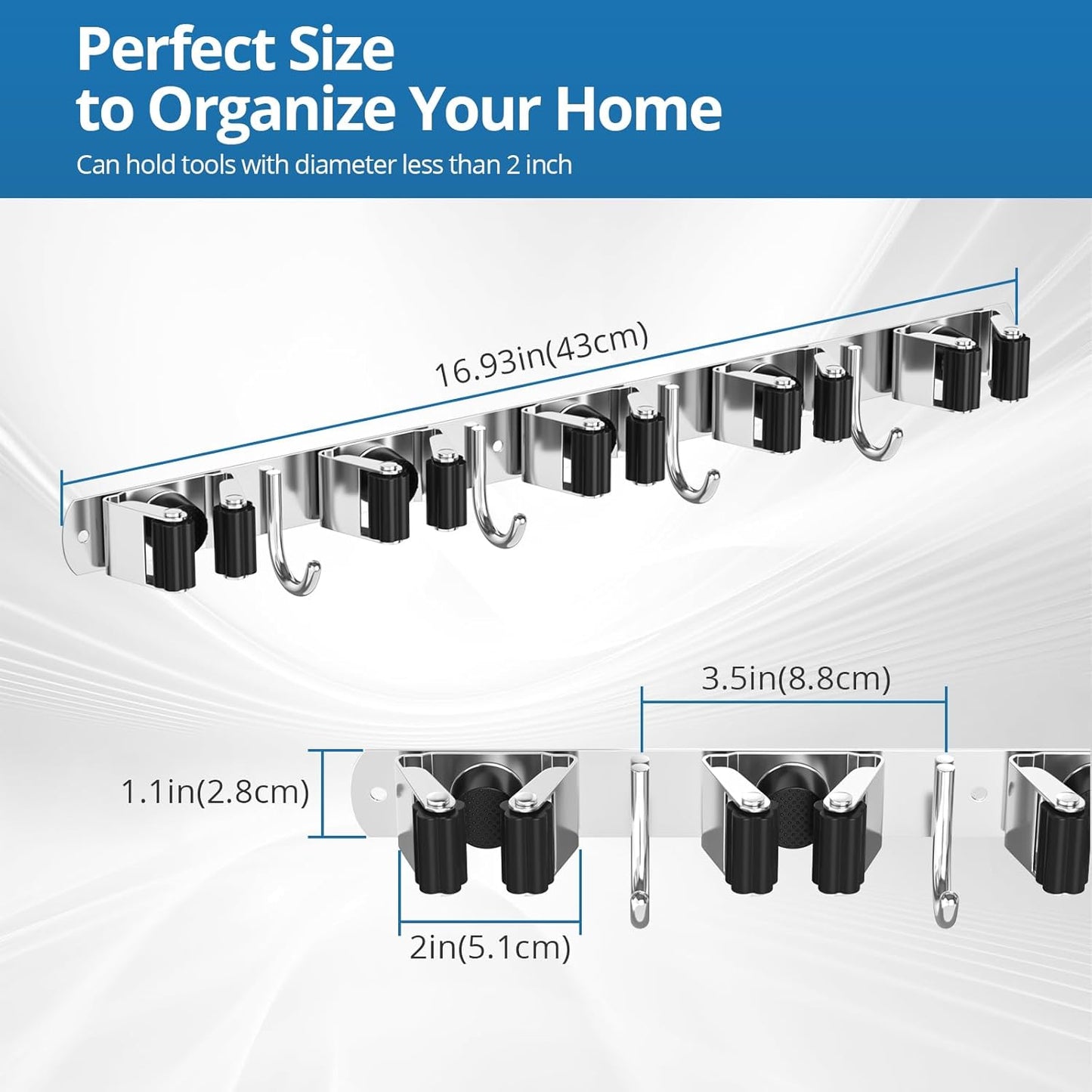 Skiennix Broom Holder - Heavy-Duty Wall Mount Organizer with 5 Racks & 4 Hooks for Kitchen & Garage