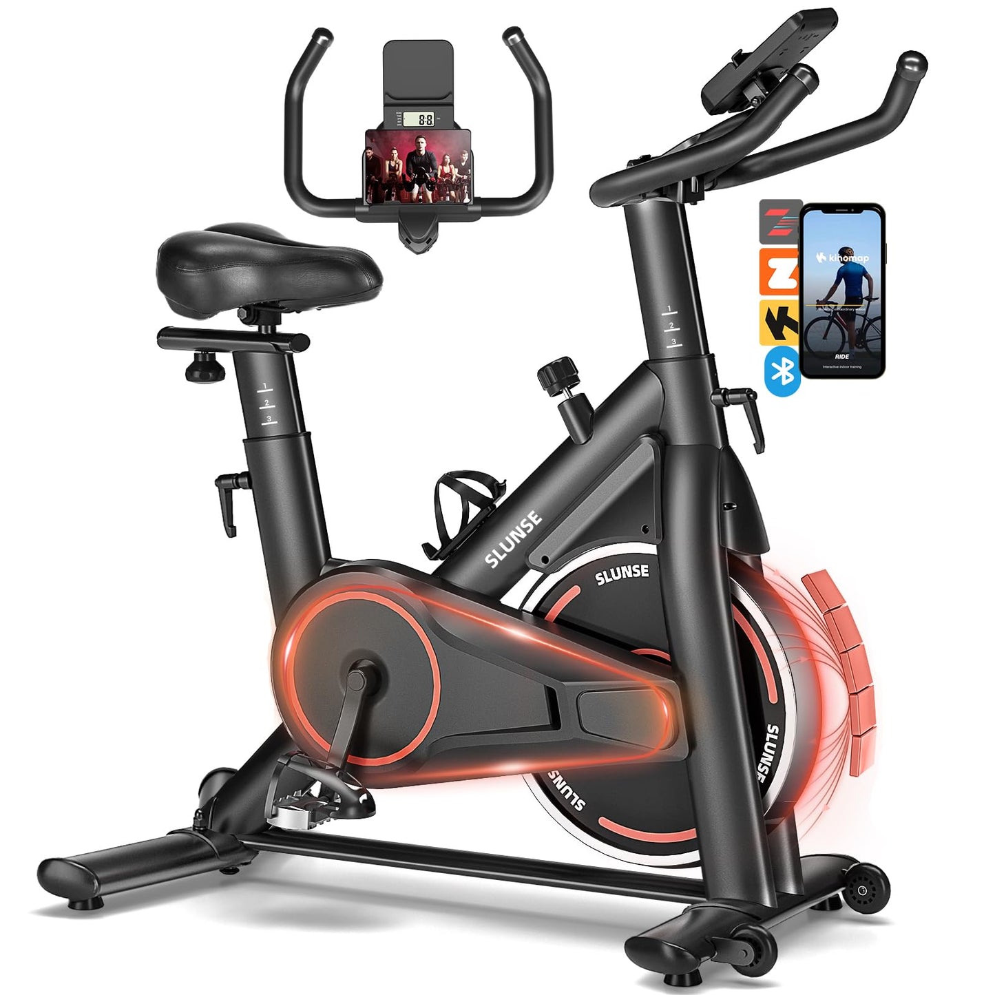 Exercise Bike, Magnetic Resistance Stationary Bikes for Home with App Compatible, Silent Indoor Cycling Bike with 350lbs Weight Capacity Comfortable Seat, Digital Monitor & Phone Mount, Black Red